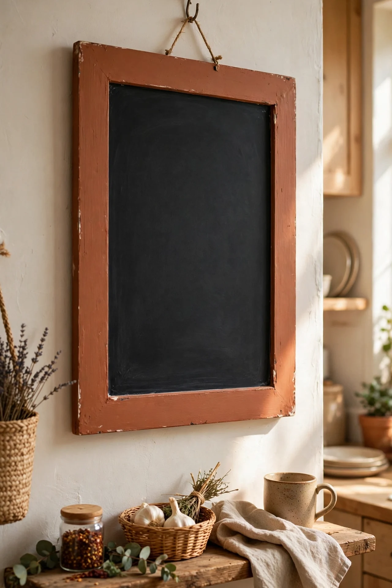 Terracotta framed chalkboard menu panel in cozy kitchen