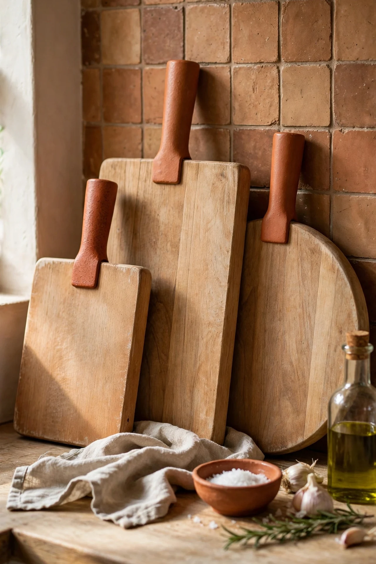 Wooden cutting boards with terracotta accents leaning on shelf