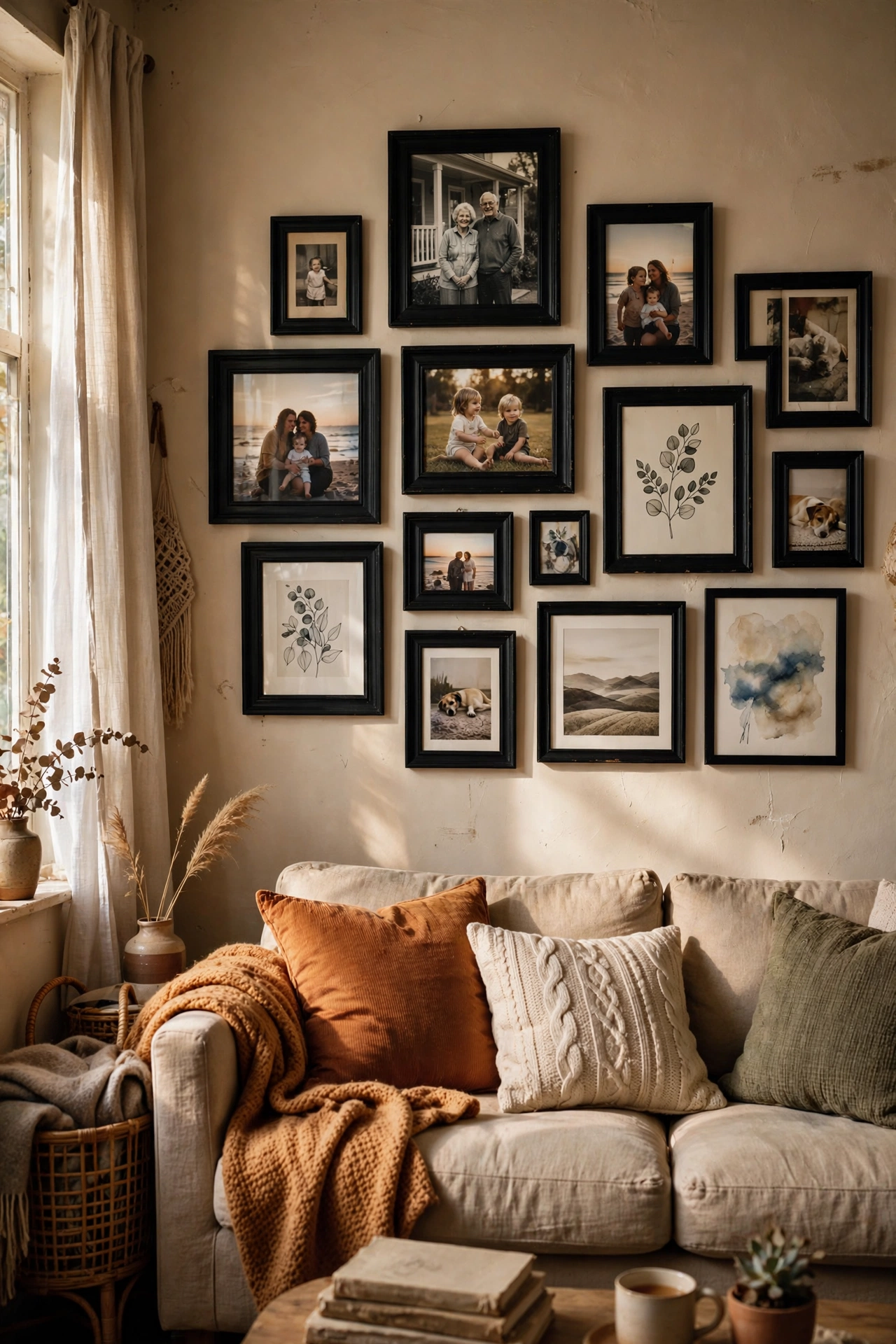 Gallery wall of thrifted frames painted matte black with family photos, budget living room wall decor ideas
