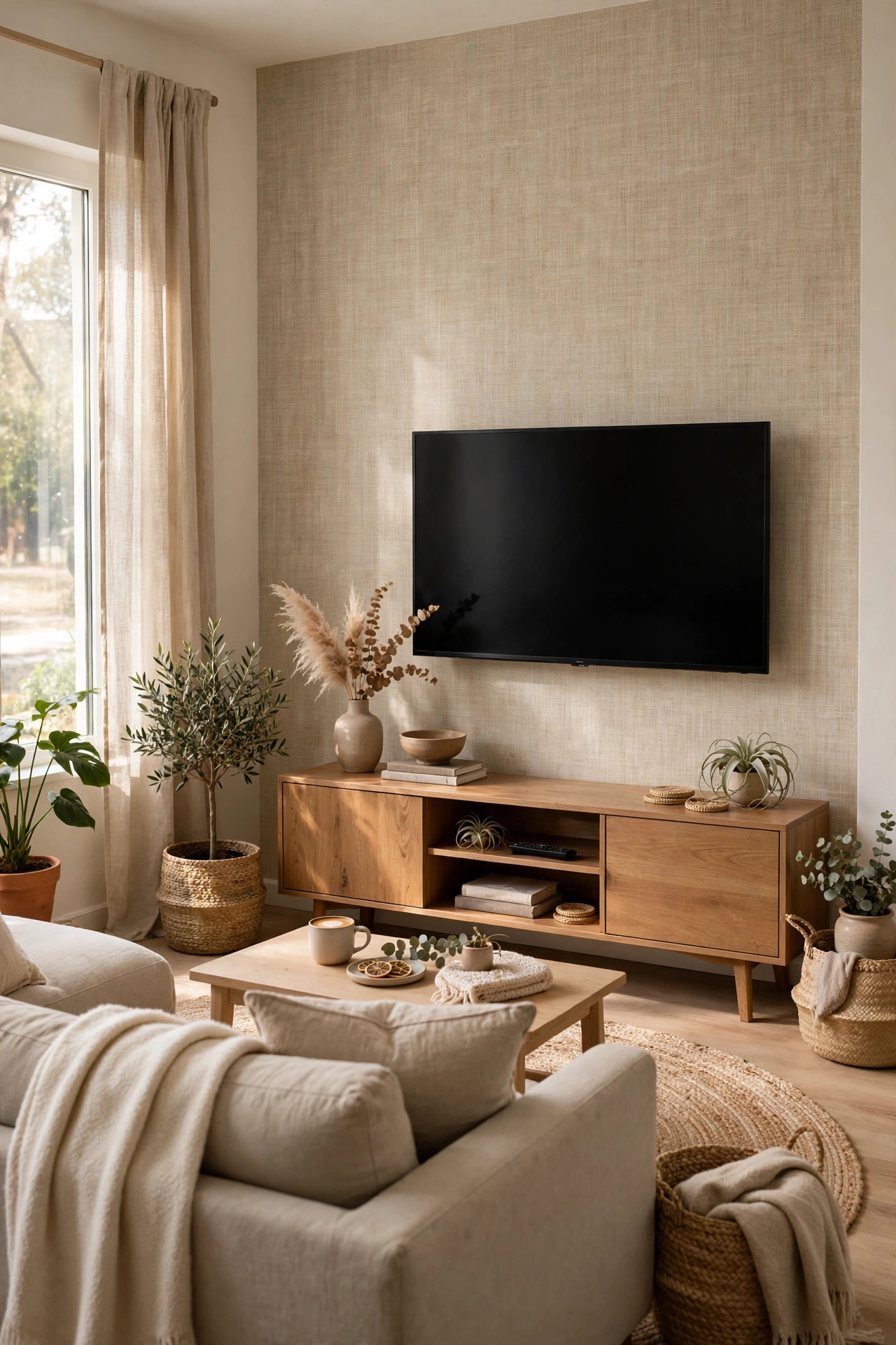 Peel and stick grasscloth wallpaper accent wall behind TV, affordable living room wall decor