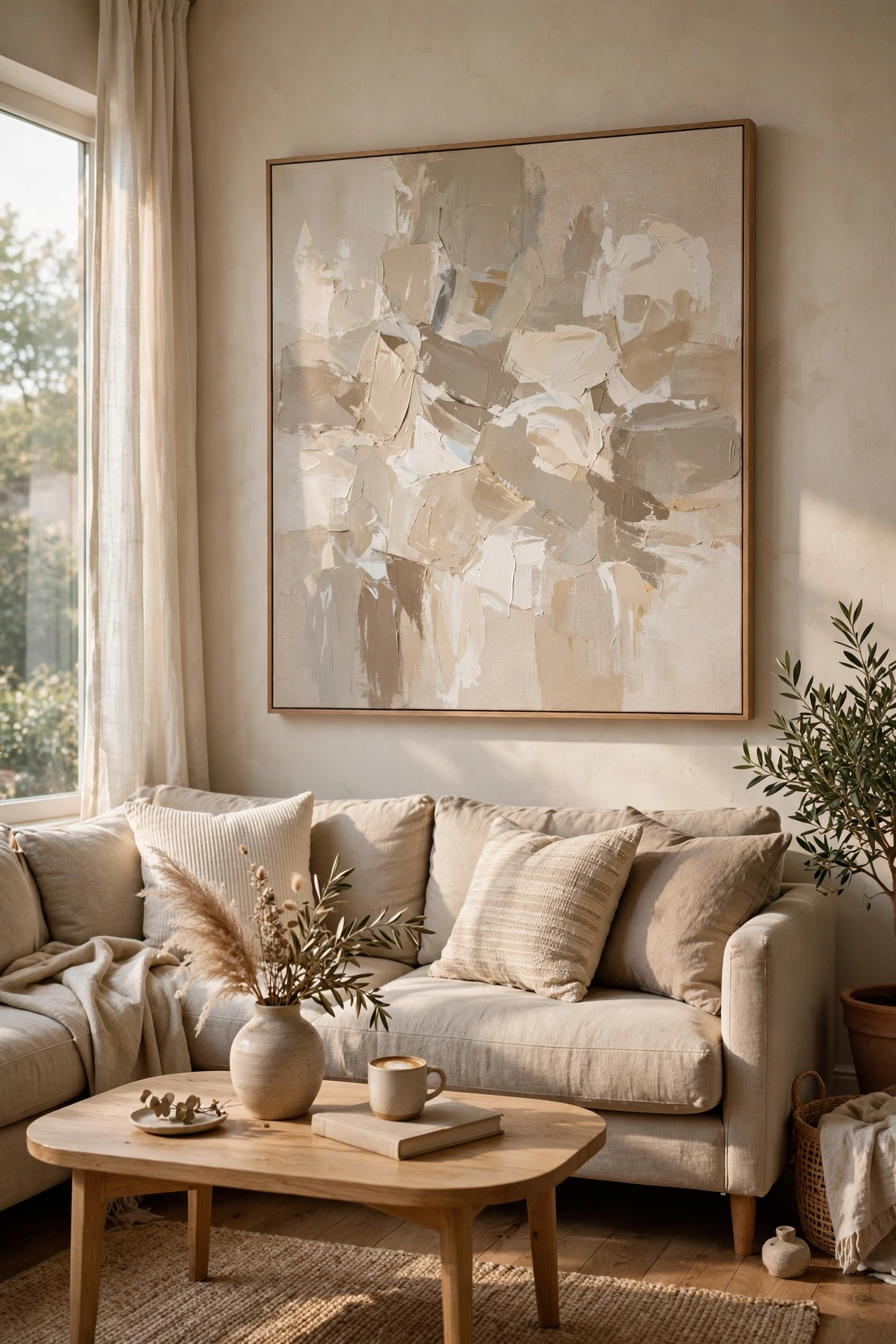 Large DIY abstract canvas painting above sofa, cheap living room wall art idea