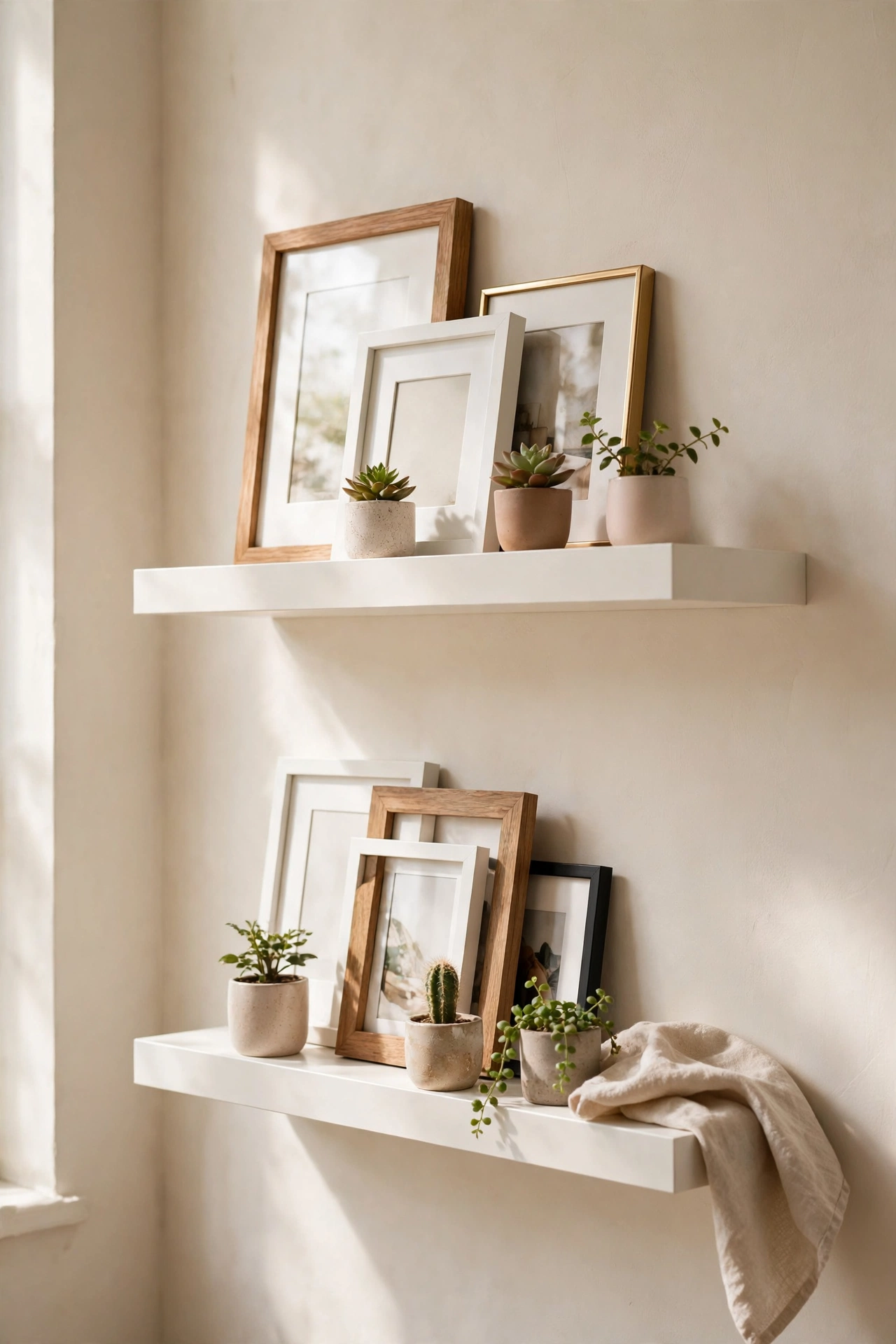 IKEA picture ledges with layered frames and small plants, budget wall decor living room