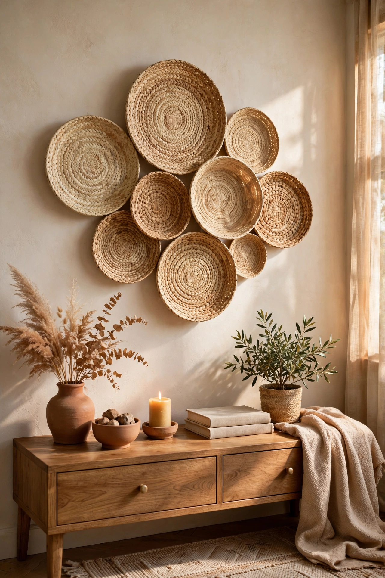 Woven seagrass baskets hung as wall art above console table, cheap living room wall decor