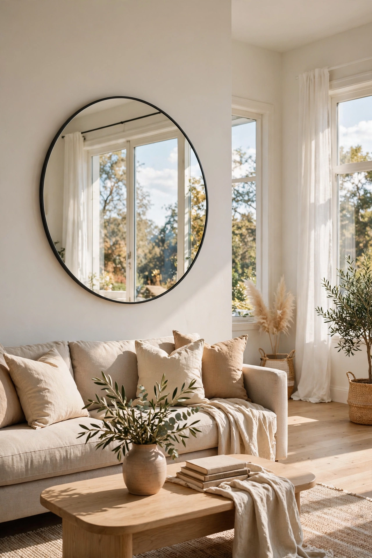 Large round mirror hung opposite window in living room, budget wall decor that makes rooms look bigger