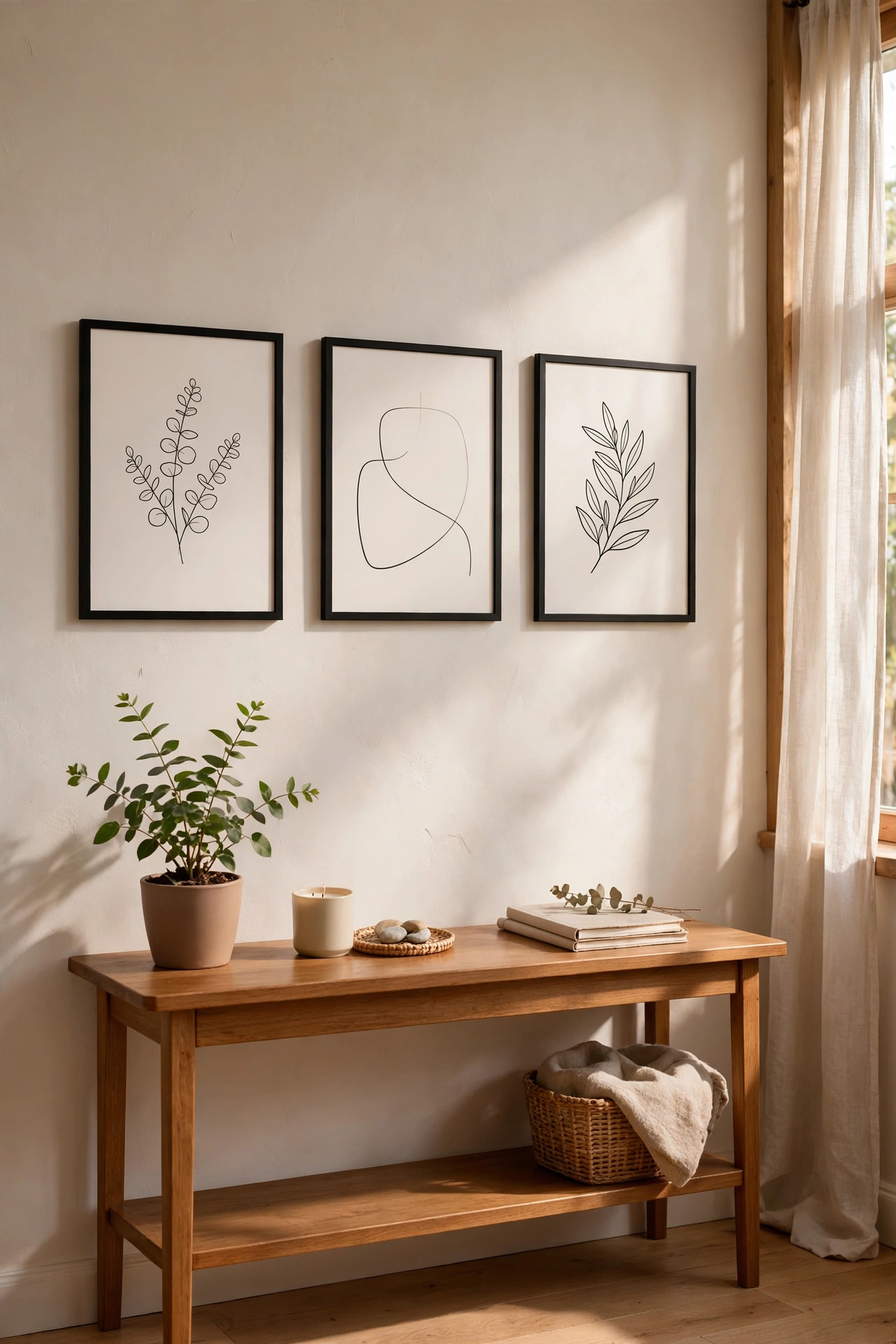 Affordable printable art in cheap frames on living room wall, budget wall decor ideas