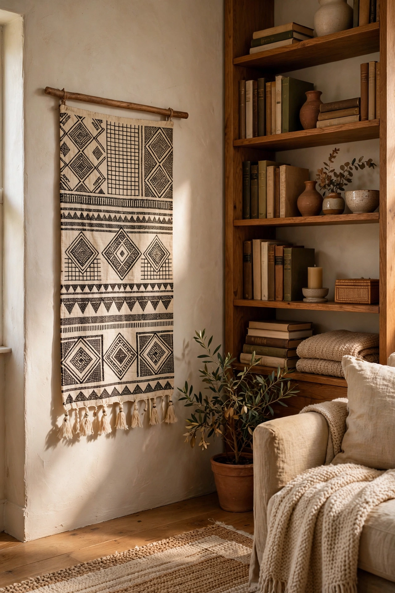 DIY fabric wall hanging on wooden dowel beside bookshelf, cheap living room wall decor