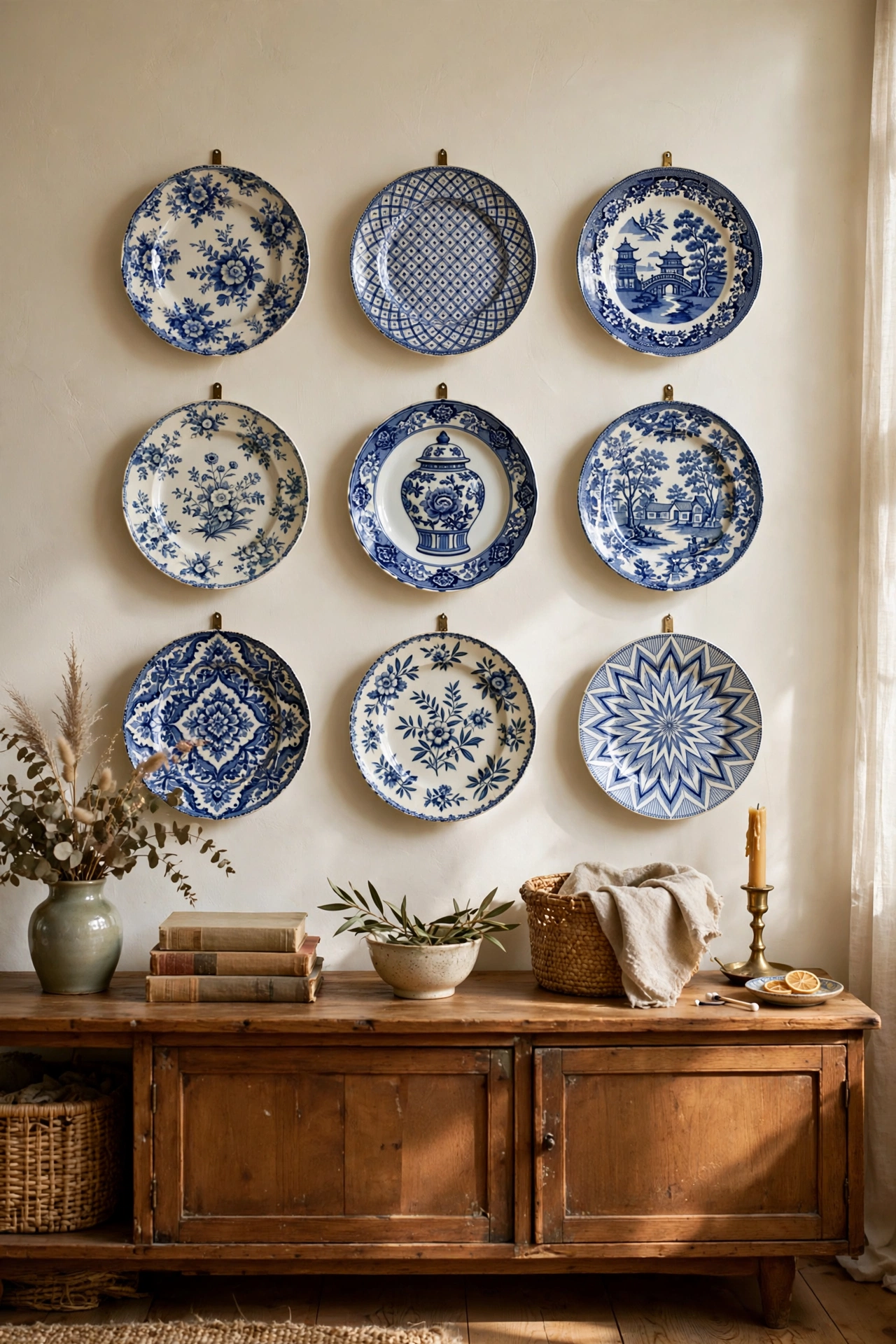 Blue and white thrifted plates hung as wall art, inexpensive living room wall decor