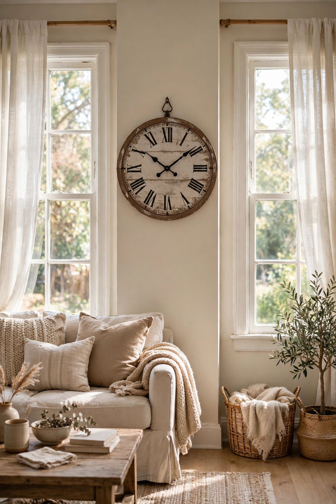 Large thrifted farmhouse wall clock between windows, budget living room wall decor
