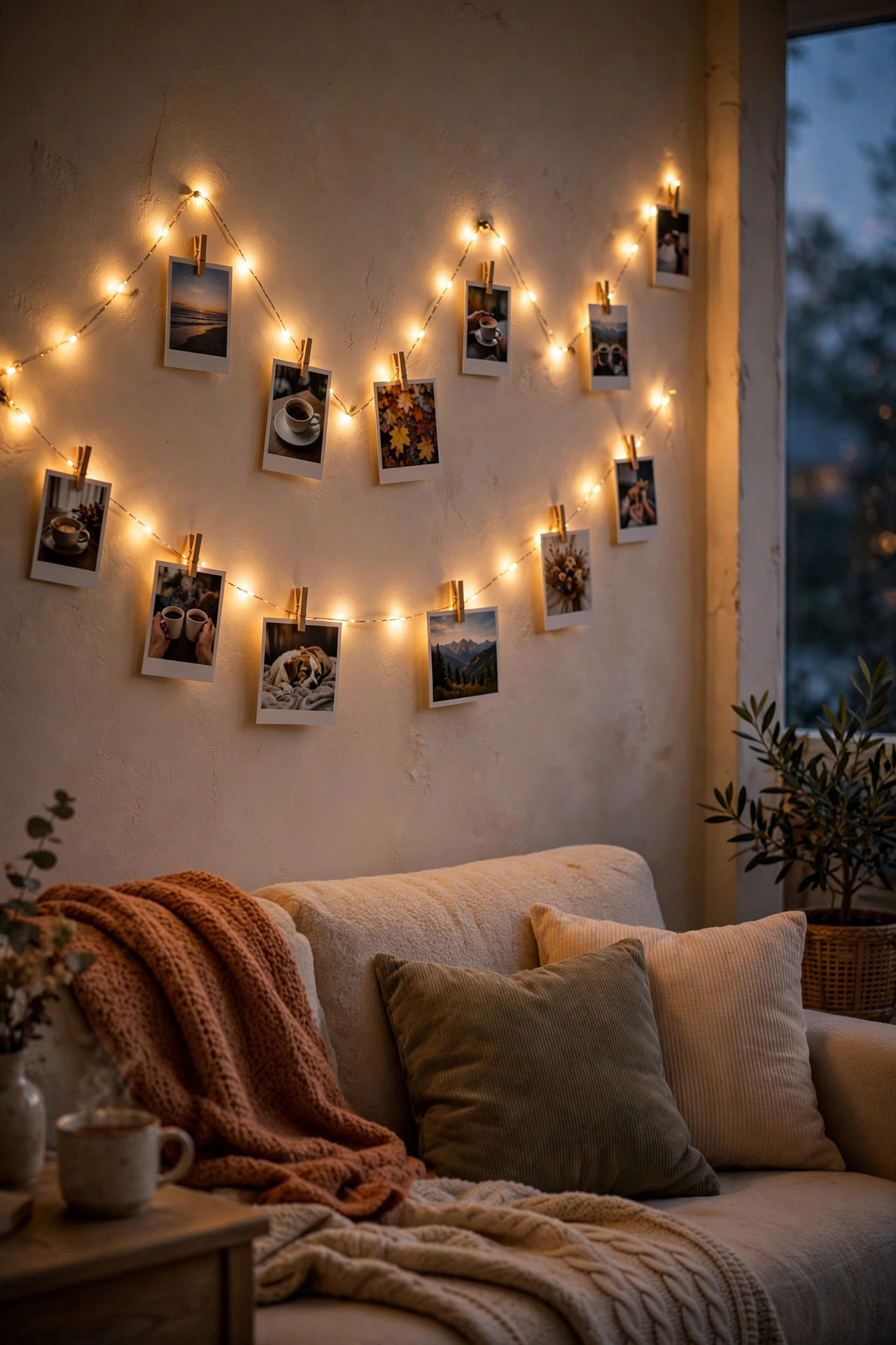 Warm fairy lights with clipped photos on living room wall, cheap wall decor idea