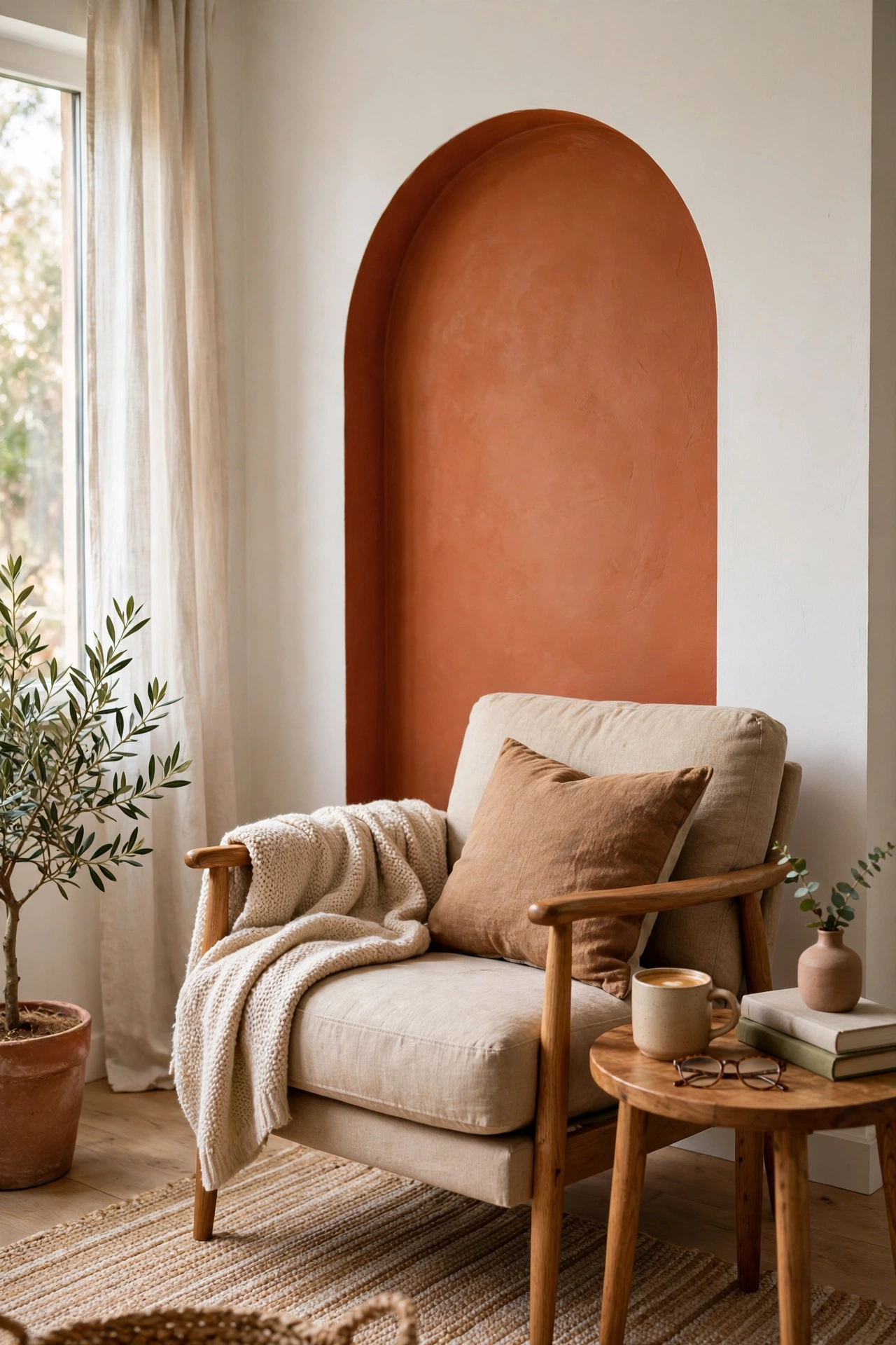 Terracotta painted arch accent on living room wall behind reading chair, budget wall decor
