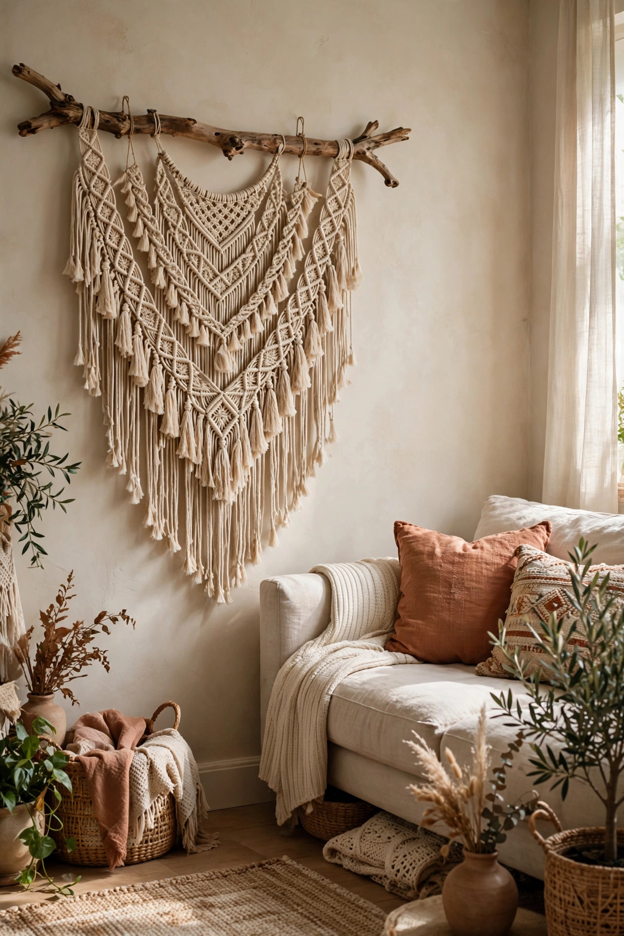 Thrifted macrame wall hanging on branch in living room, affordable boho wall decor