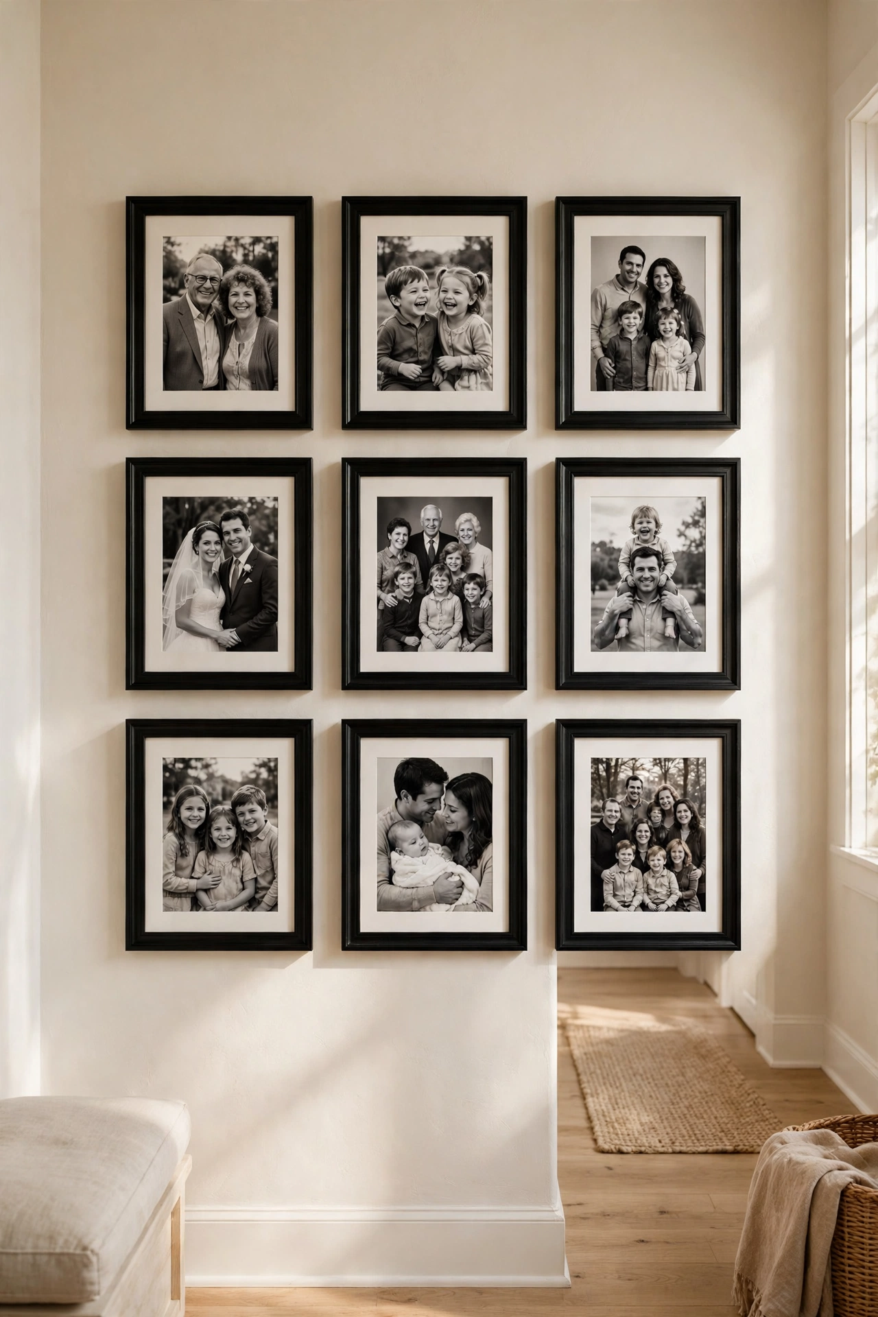 Nine matching frames in photo grid with black and white family photos, budget living room wall decor