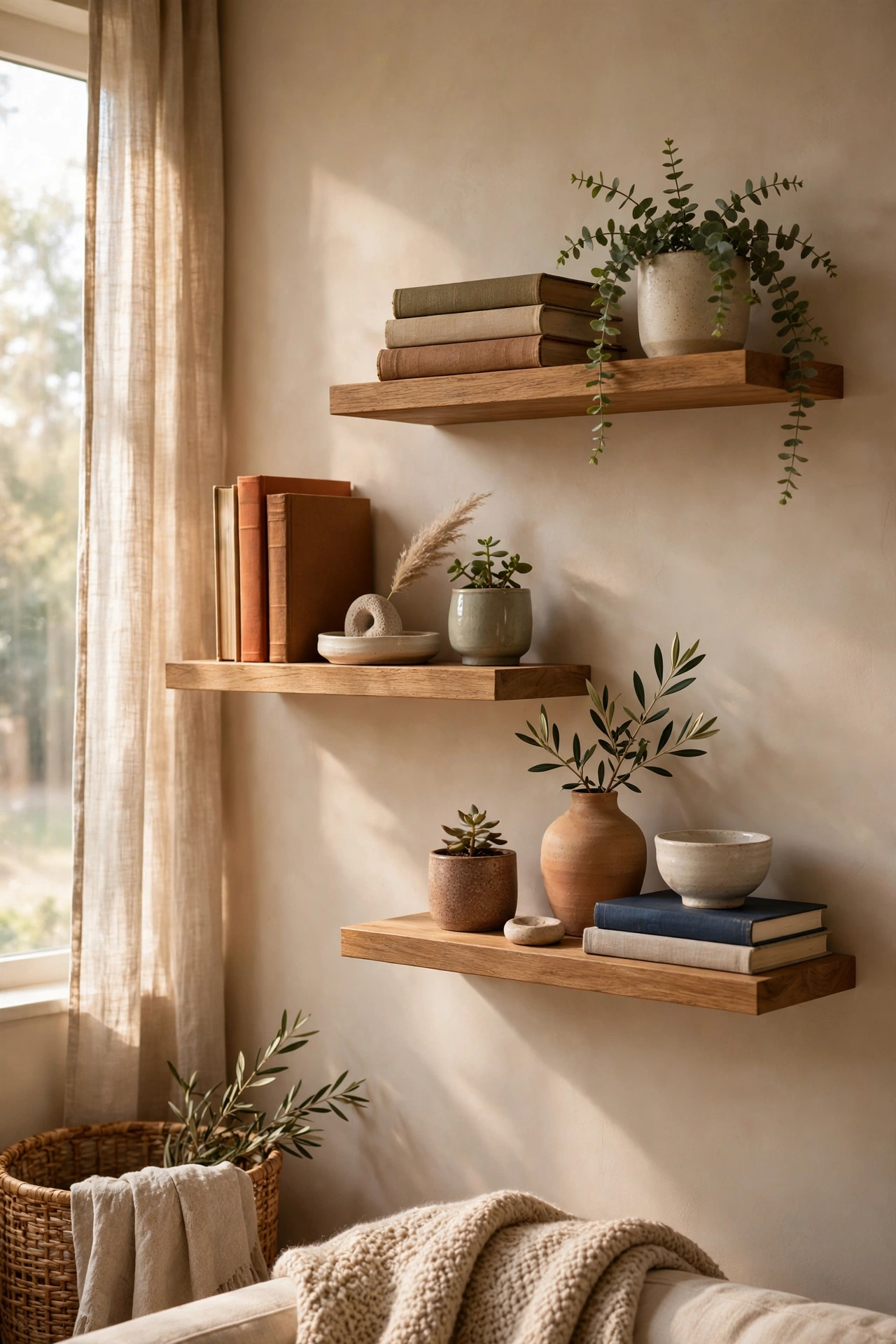 Staggered floating shelves styled with books and plants, cheap living room wall decor