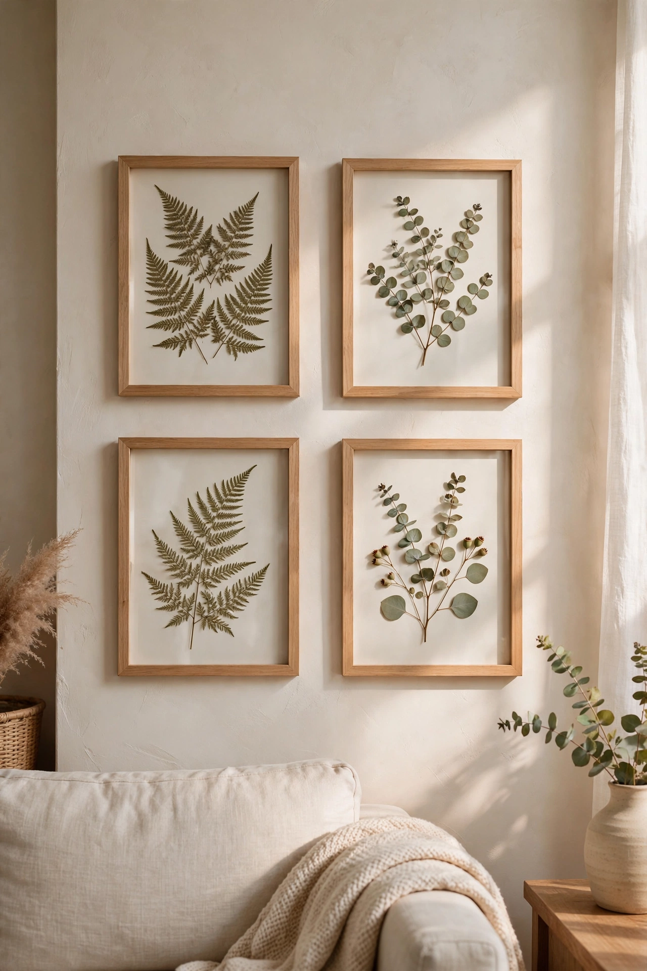 Pressed fern and eucalyptus framed as botanical wall art, free living room wall decor idea