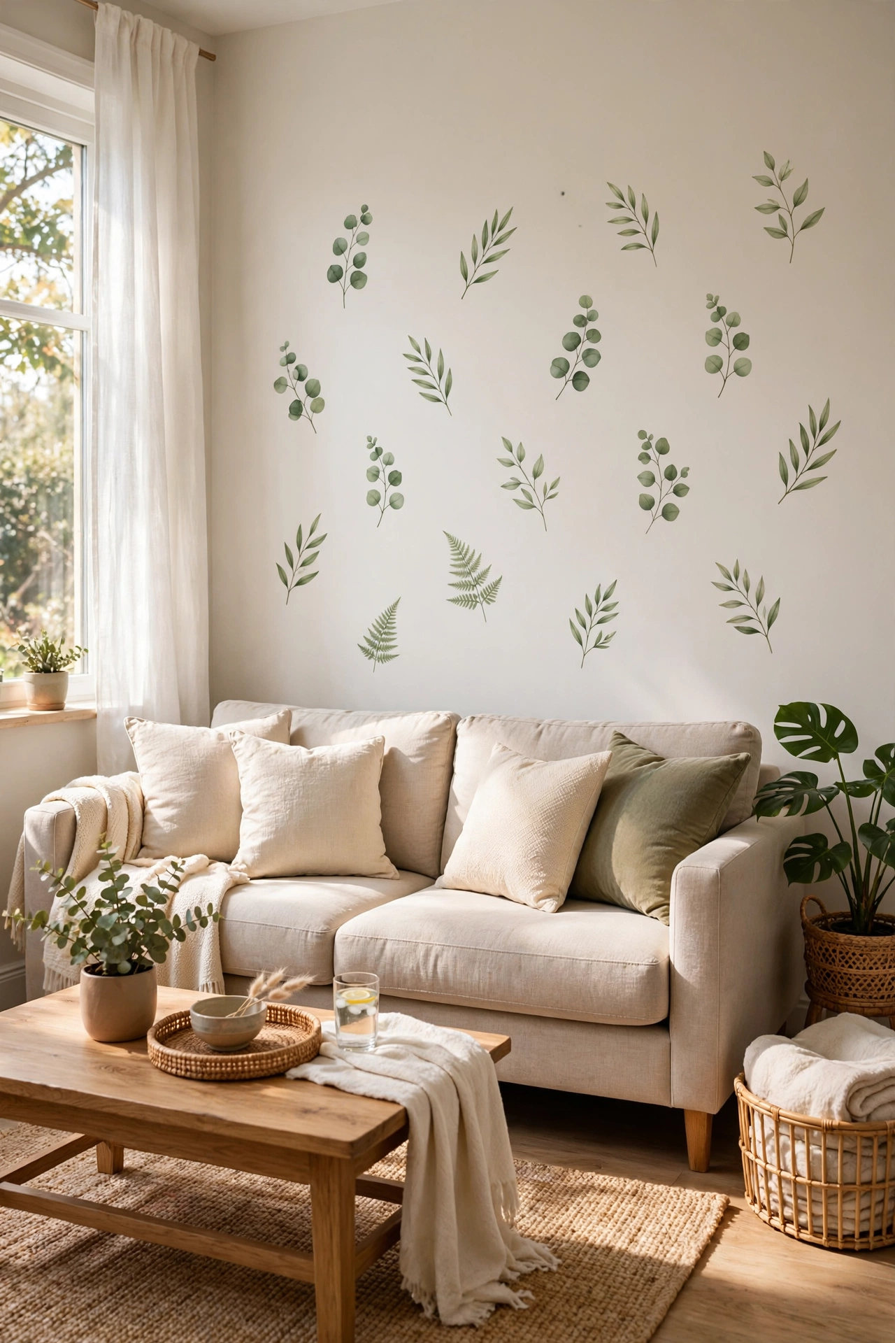 Subtle botanical wall decals behind sofa in rental living room, budget wall decor