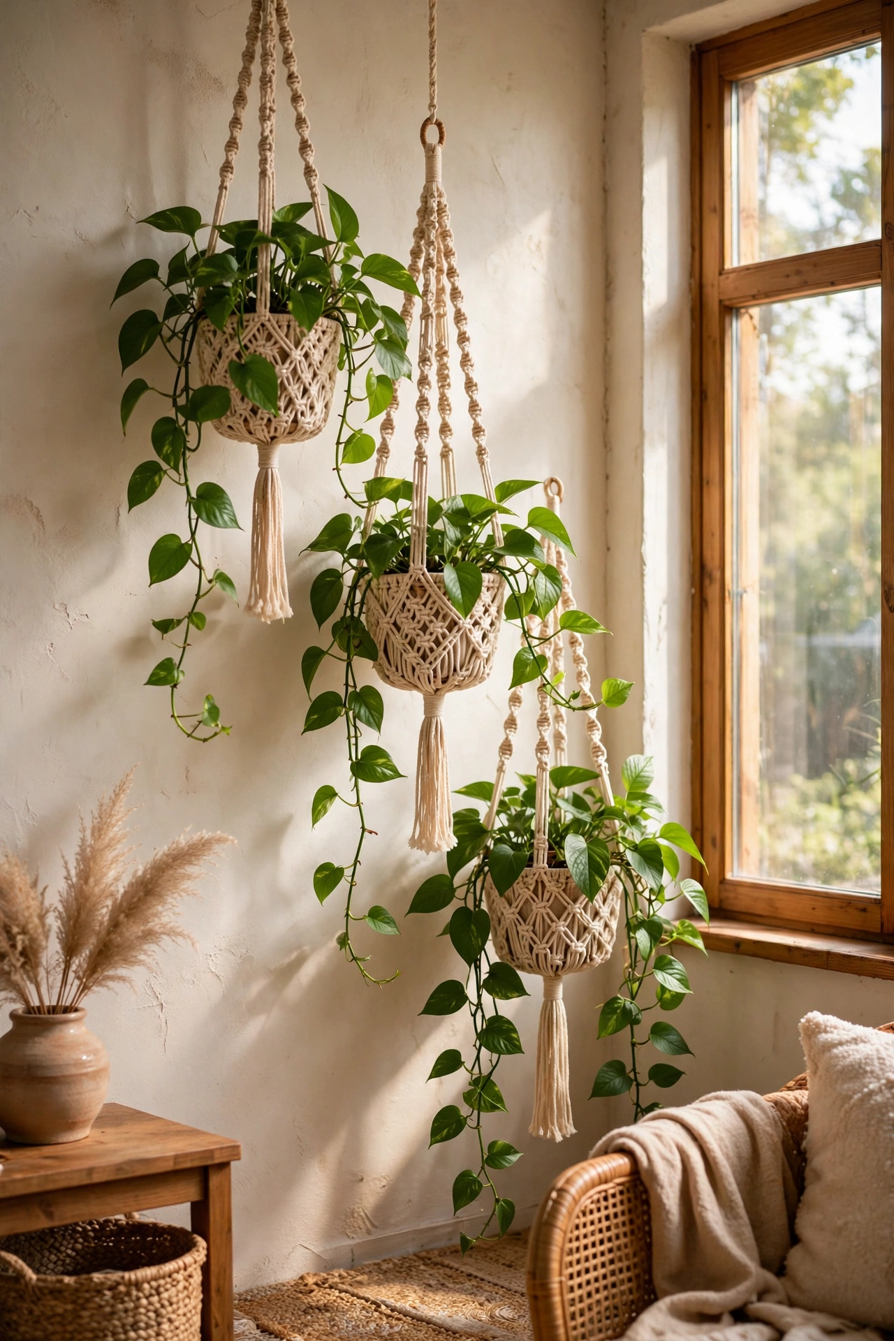 Macrame hanging planters with pothos on living room wall, affordable wall decor with plants