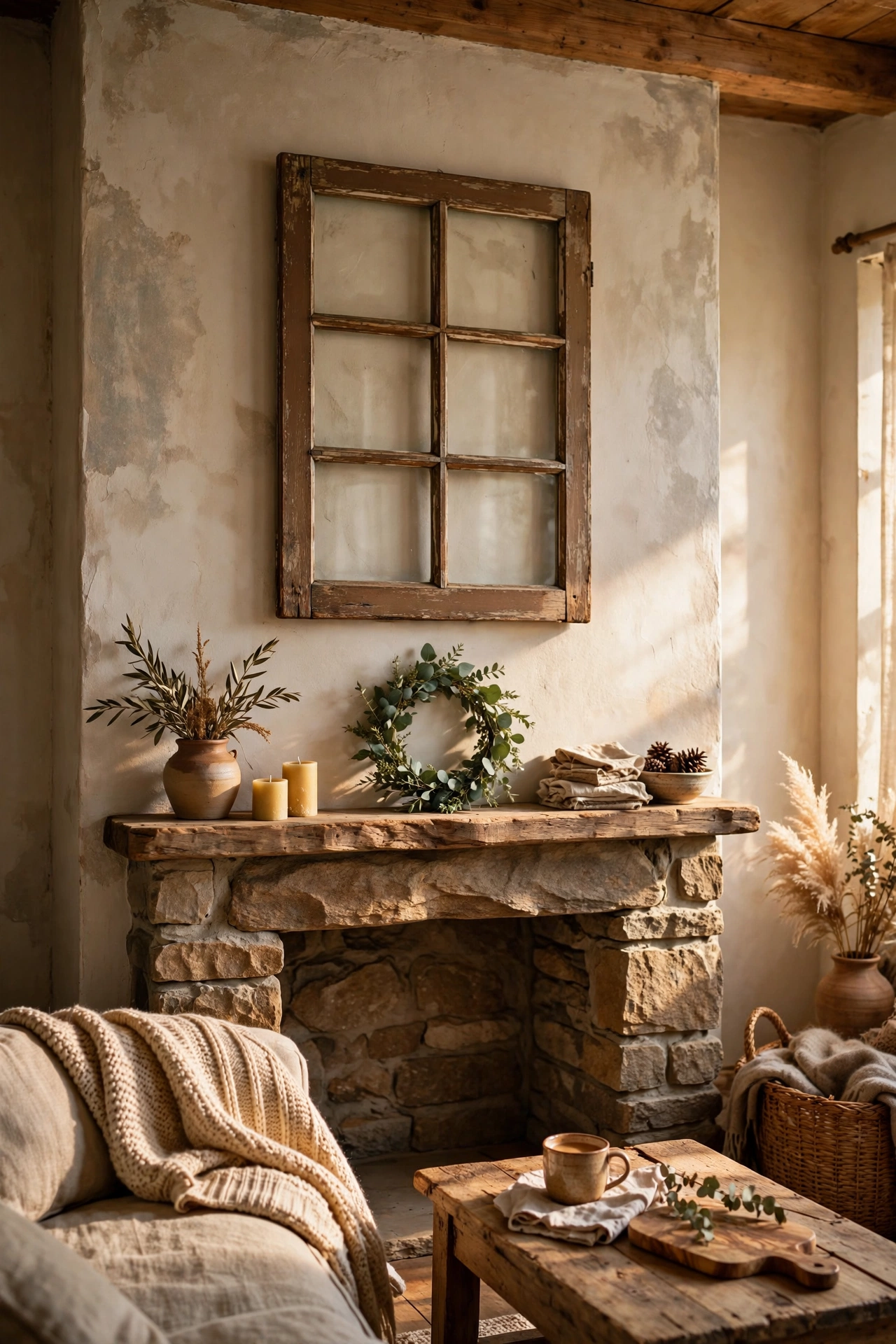 Old wooden window frame hung as wall art above mantel, thrifted living room wall decor