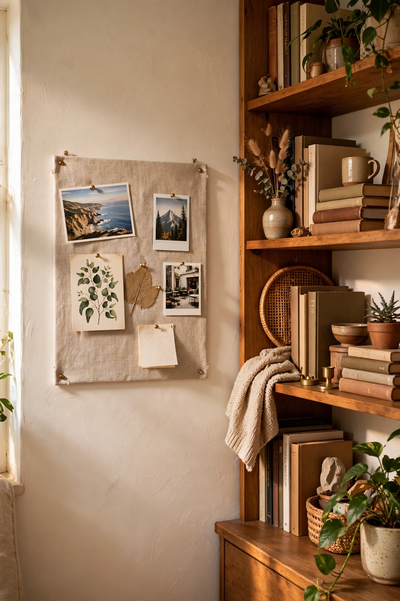 Linen covered memo board with postcards as wall decor, budget living room wall idea