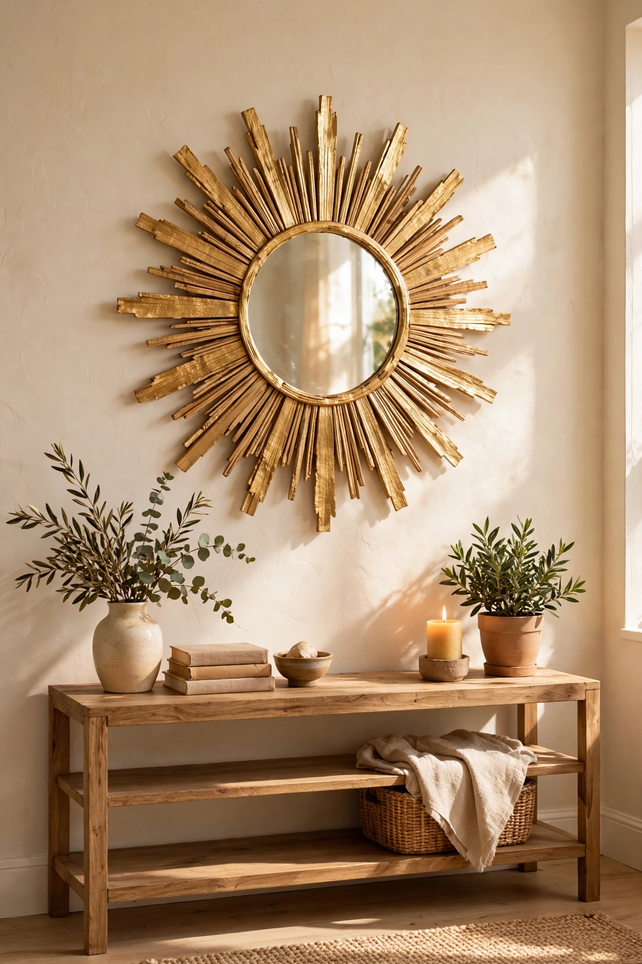 DIY gold sunburst mirror made from craft shims, cheap living room wall decor