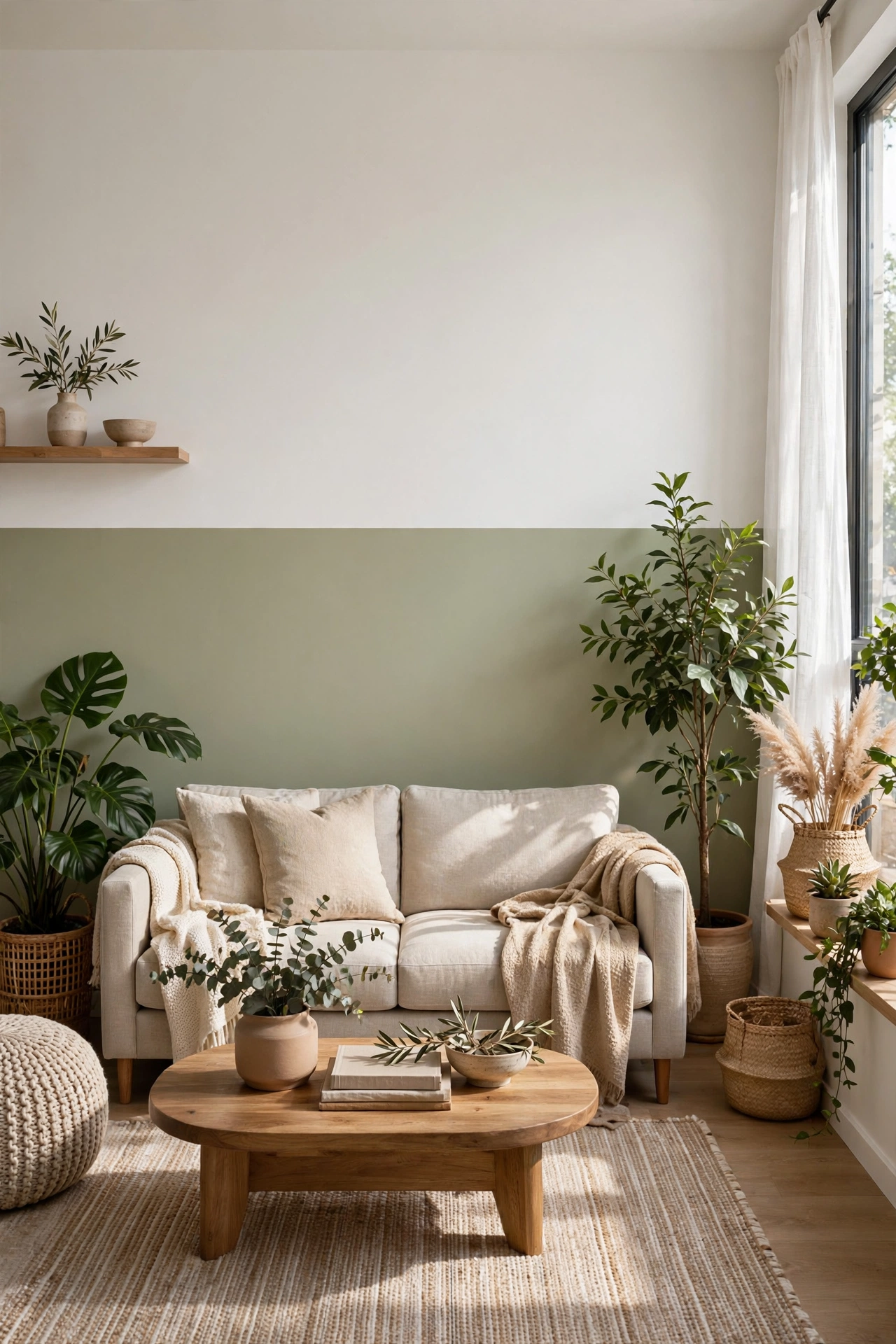 Sage green color blocked wall with white top in living room, budget wall decor with paint