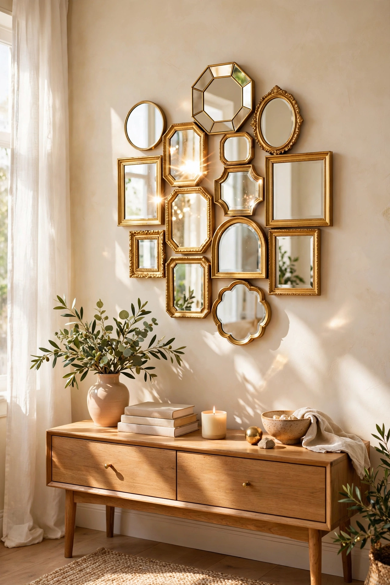 Cluster of small gold framed mirrors as wall art, inexpensive living room wall decor