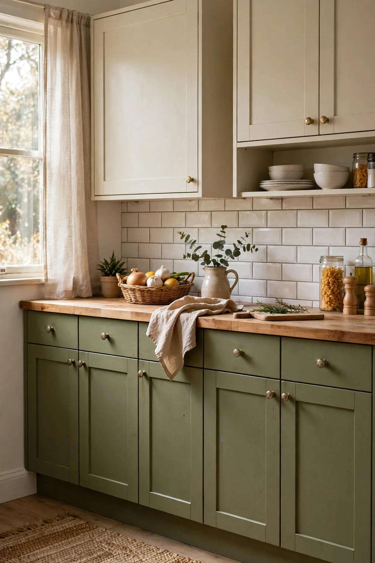 Kitchen lower cabinets painted olive green with light uppers