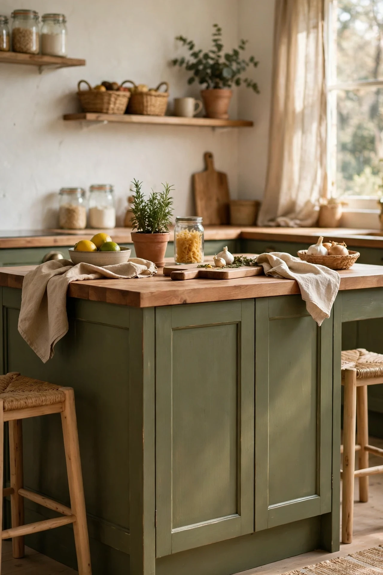 Kitchen island painted olive green with wooden worktop