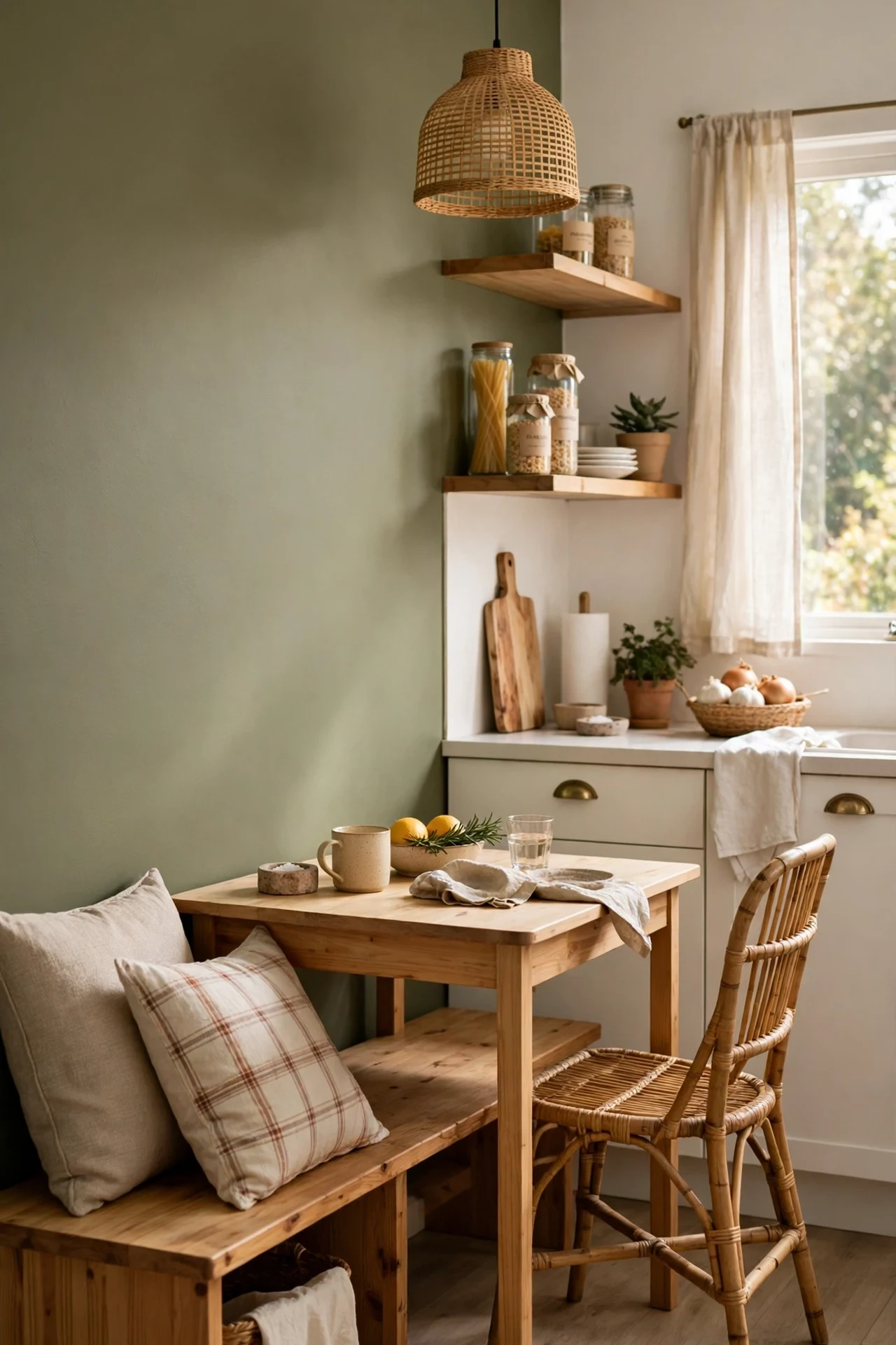 Olive green accent wall behind kitchen dining nook