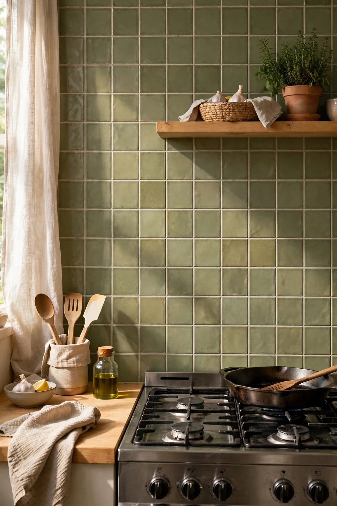 Olive tone peel and stick tile backsplash behind stove