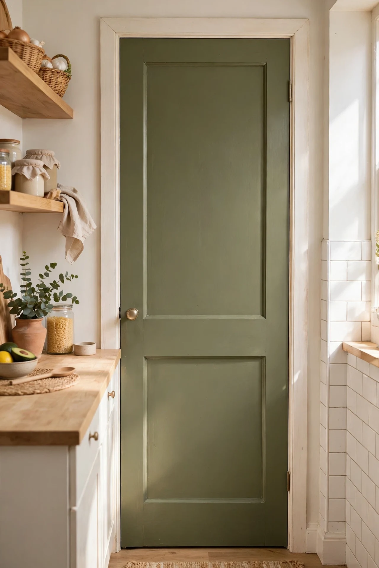 Pantry door painted olive green in bright kitchen