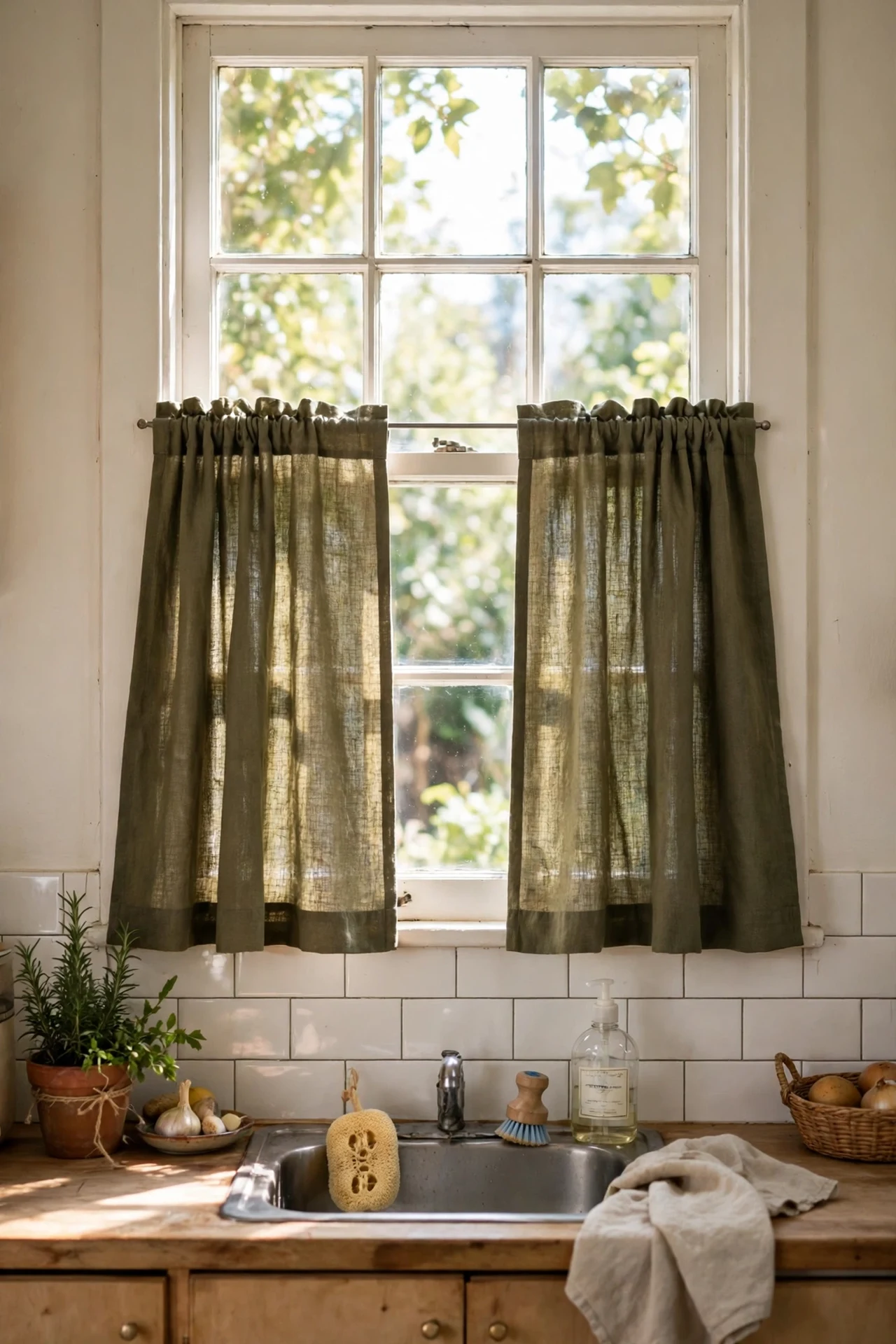 Olive linen cafe curtains on small kitchen window