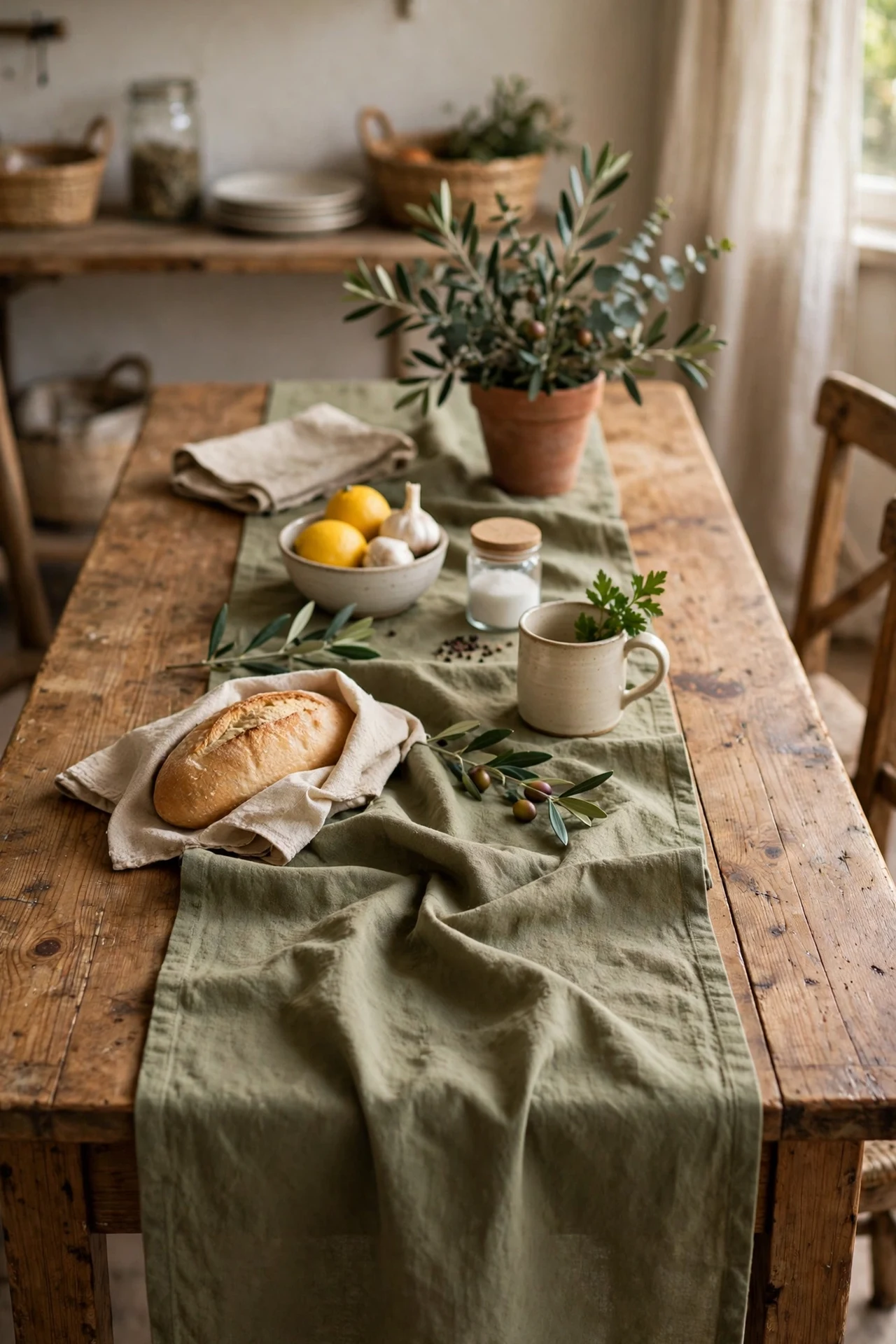 Olive cotton table runner on wooden kitchen table