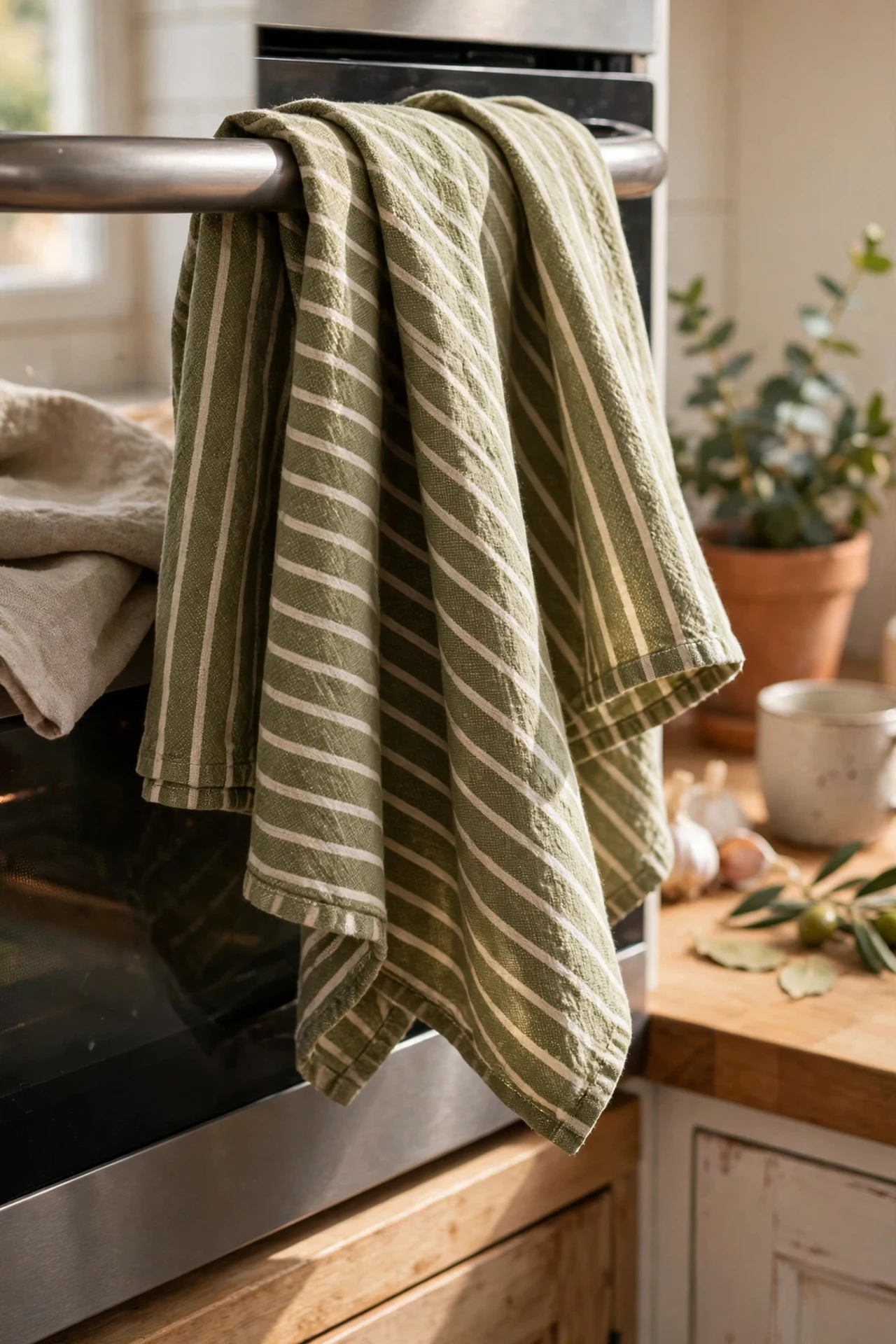 Olive striped dish towels folded over oven handle