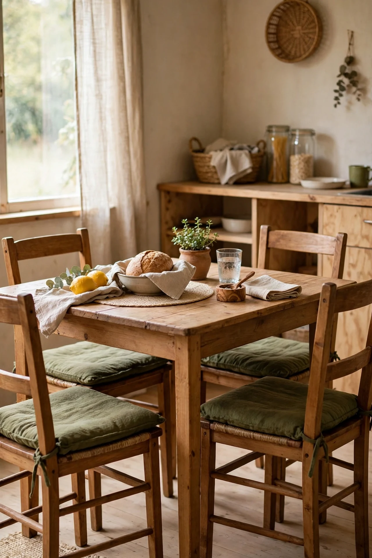 Dining chairs with olive green seat cushions in kitchen