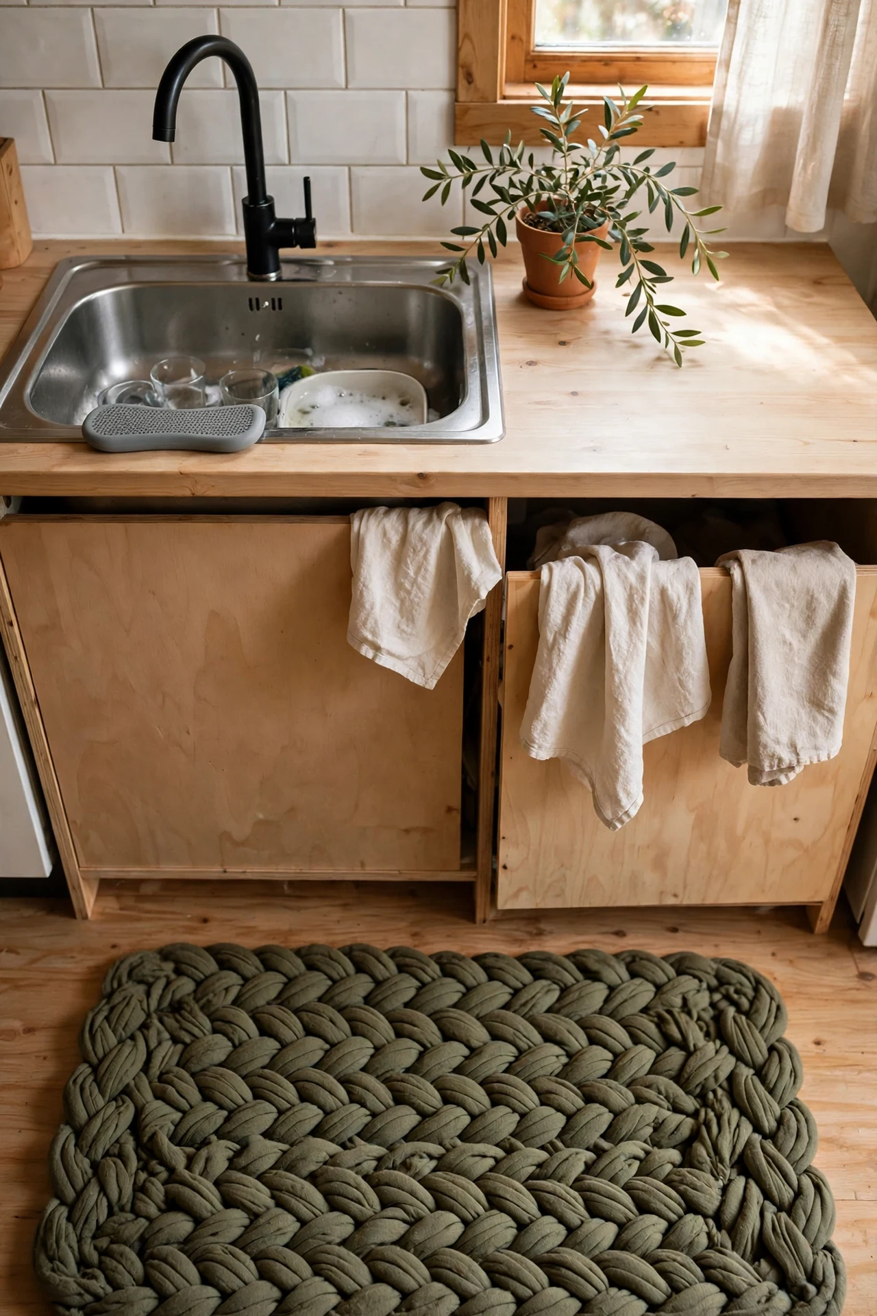 Olive braided cotton rug in front of kitchen sink