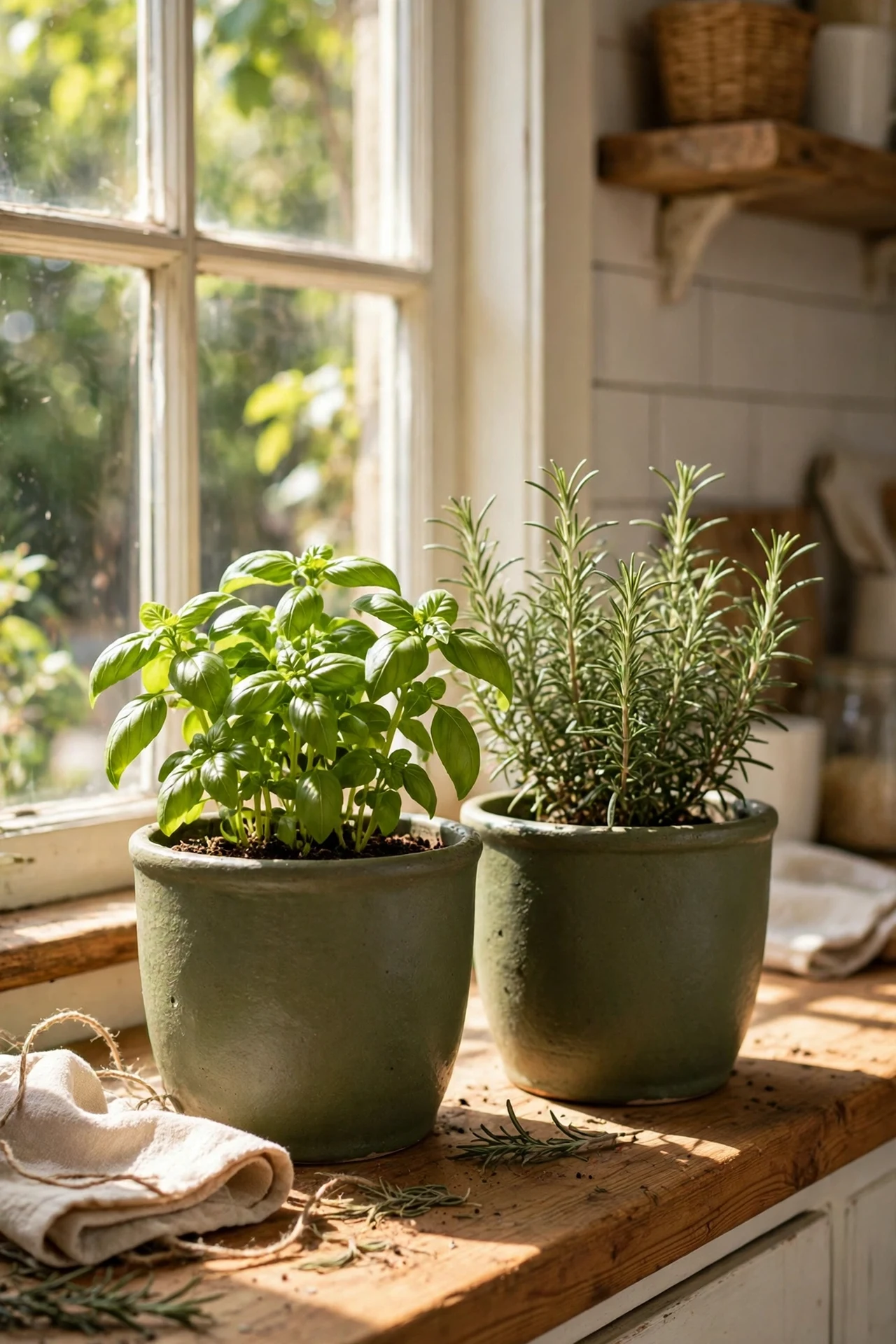 Olive green planters with herbs on kitchen windowsill