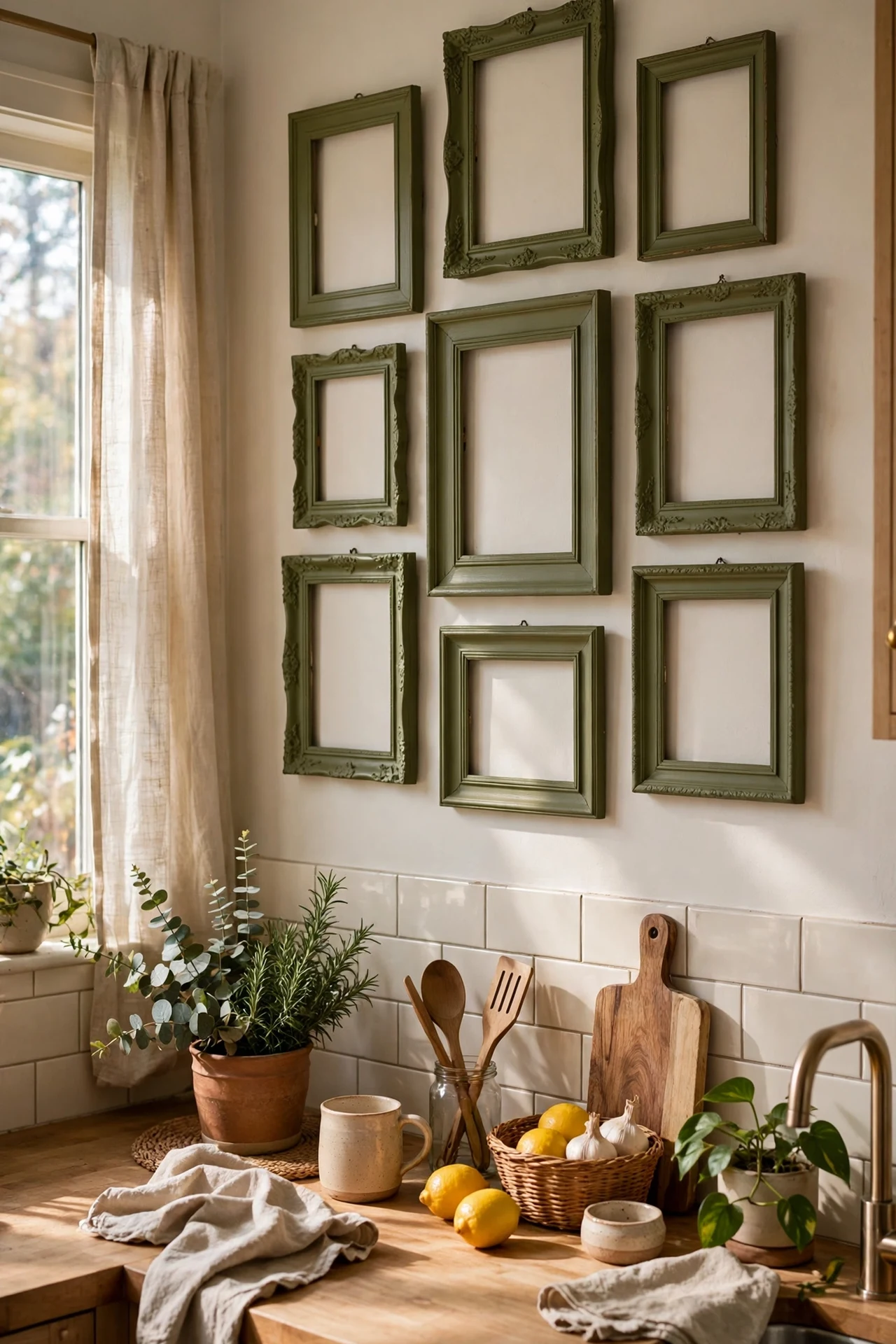 Thrifted picture frames painted olive green on kitchen wall