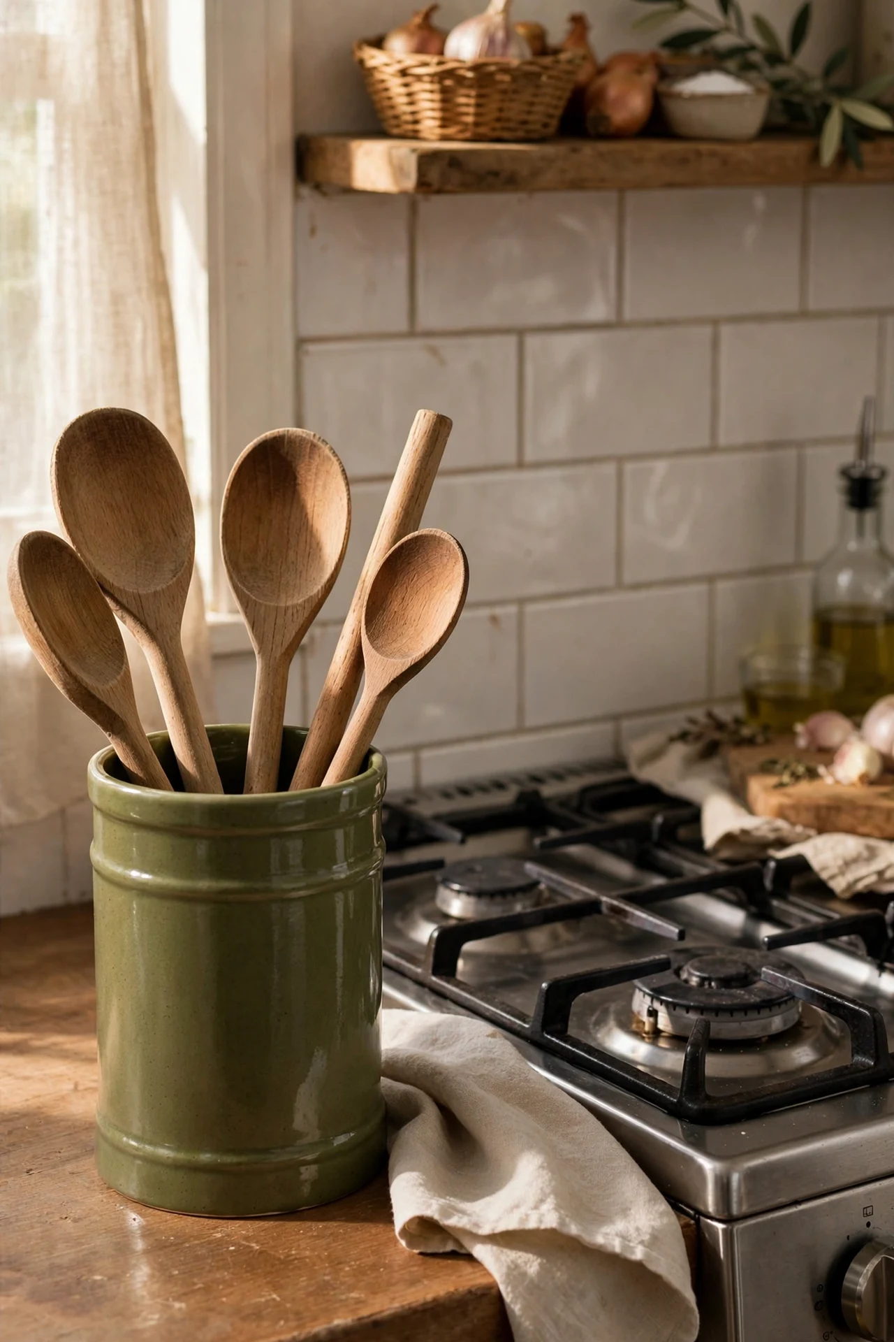 Olive green utensil holder with wooden spoons by stove