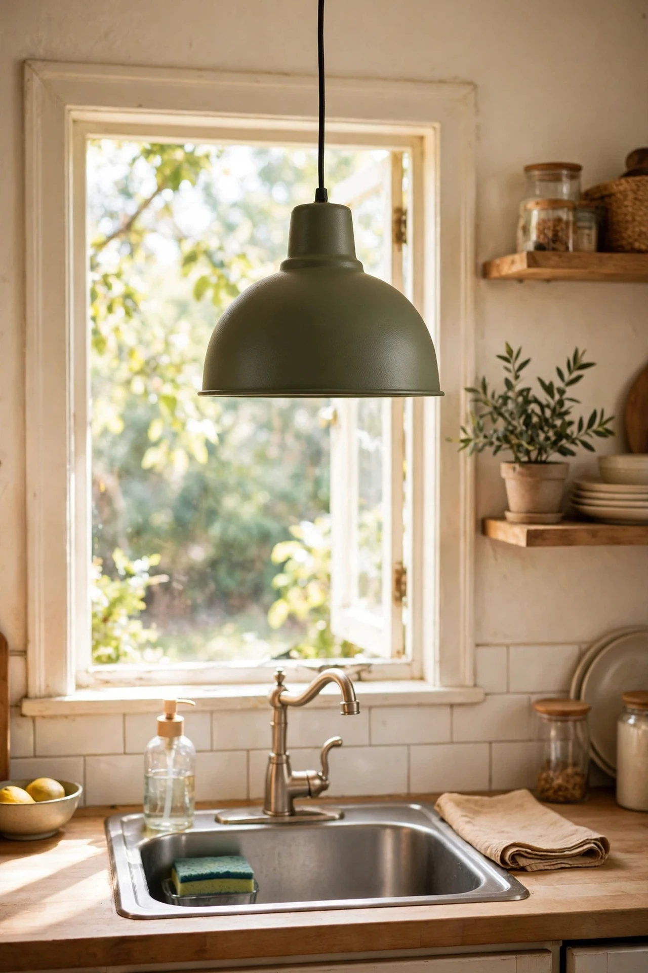 Olive green pendant light shade over kitchen sink
