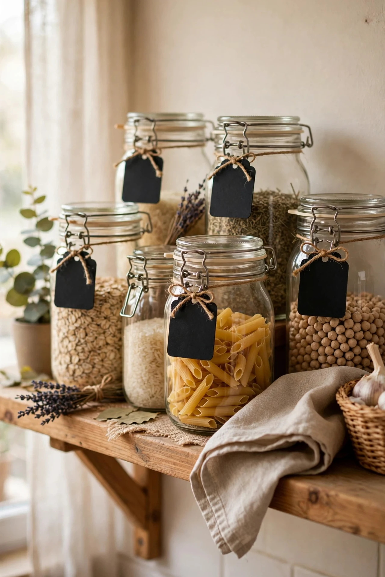 Kitchen jars labelled with olive chalkboard tags and twine
