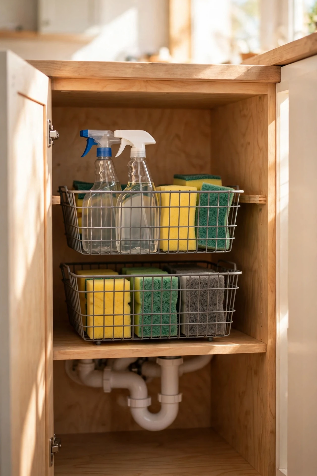 Stackable wire baskets organizing cleaning supplies under kitchen sink