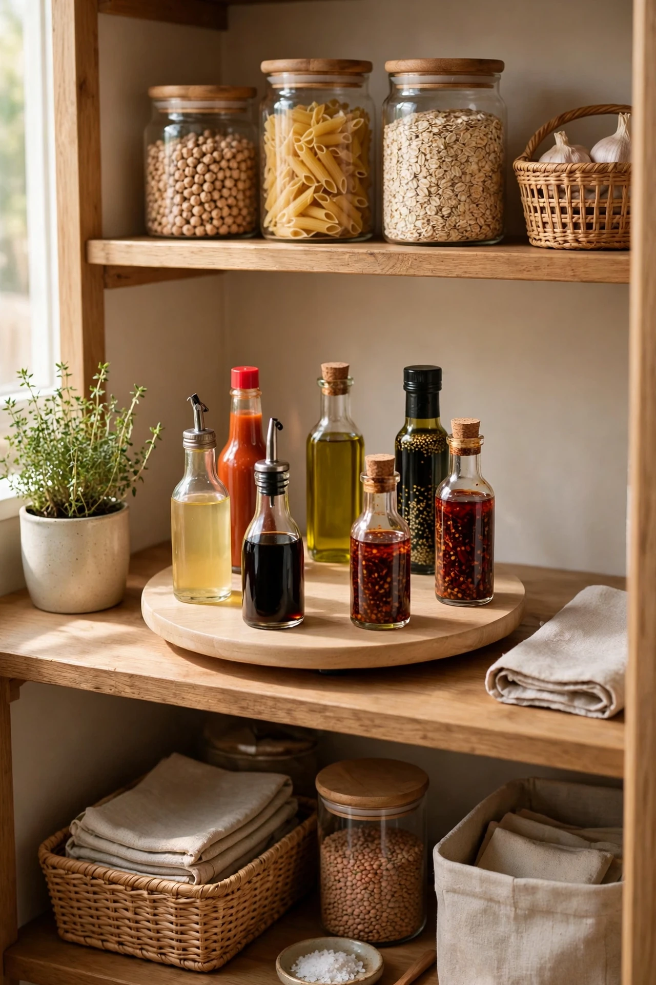 Turntable spinner with sauces and condiments on pantry shelf