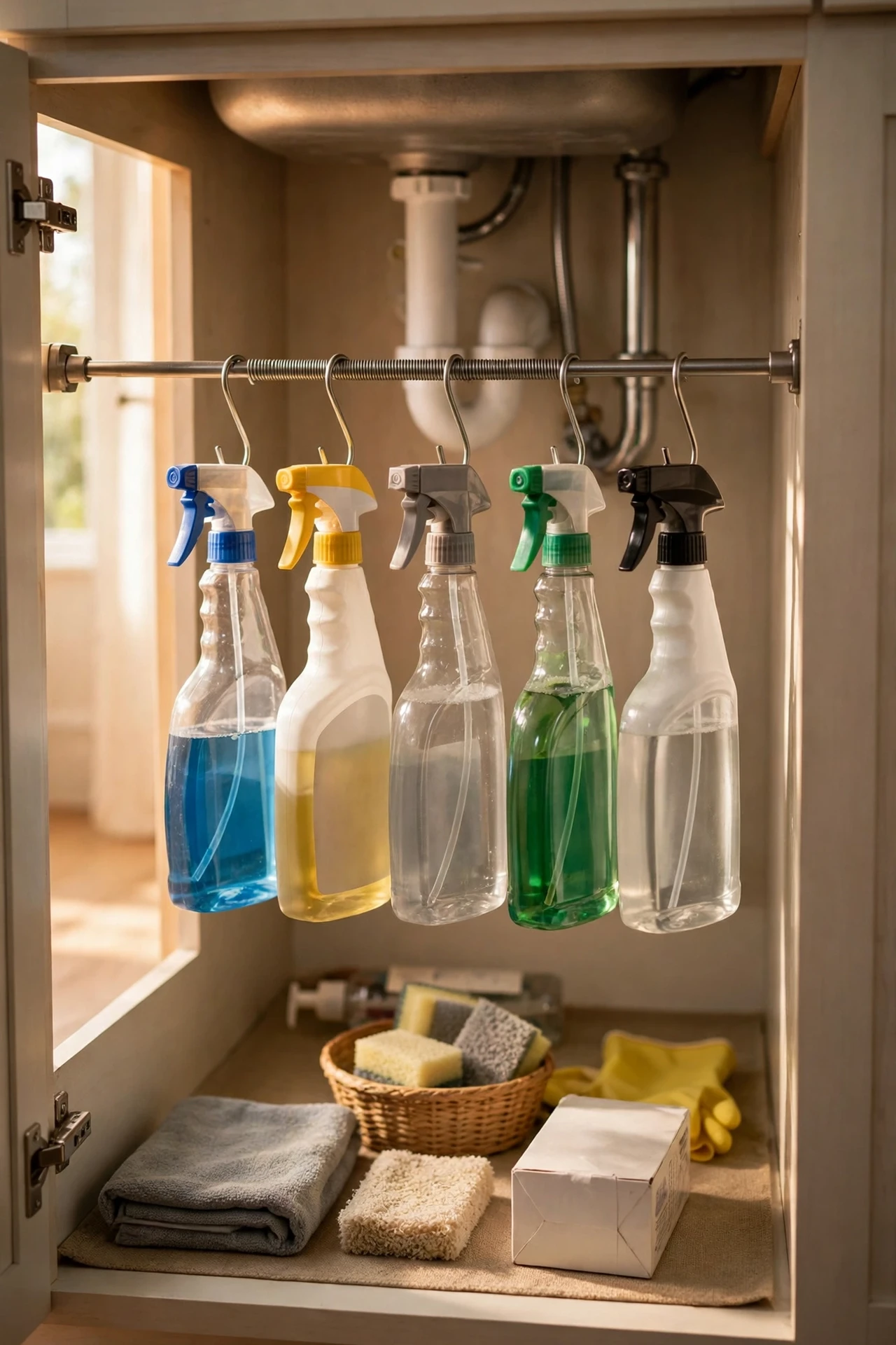Tension rod with spray bottles hanging under kitchen sink