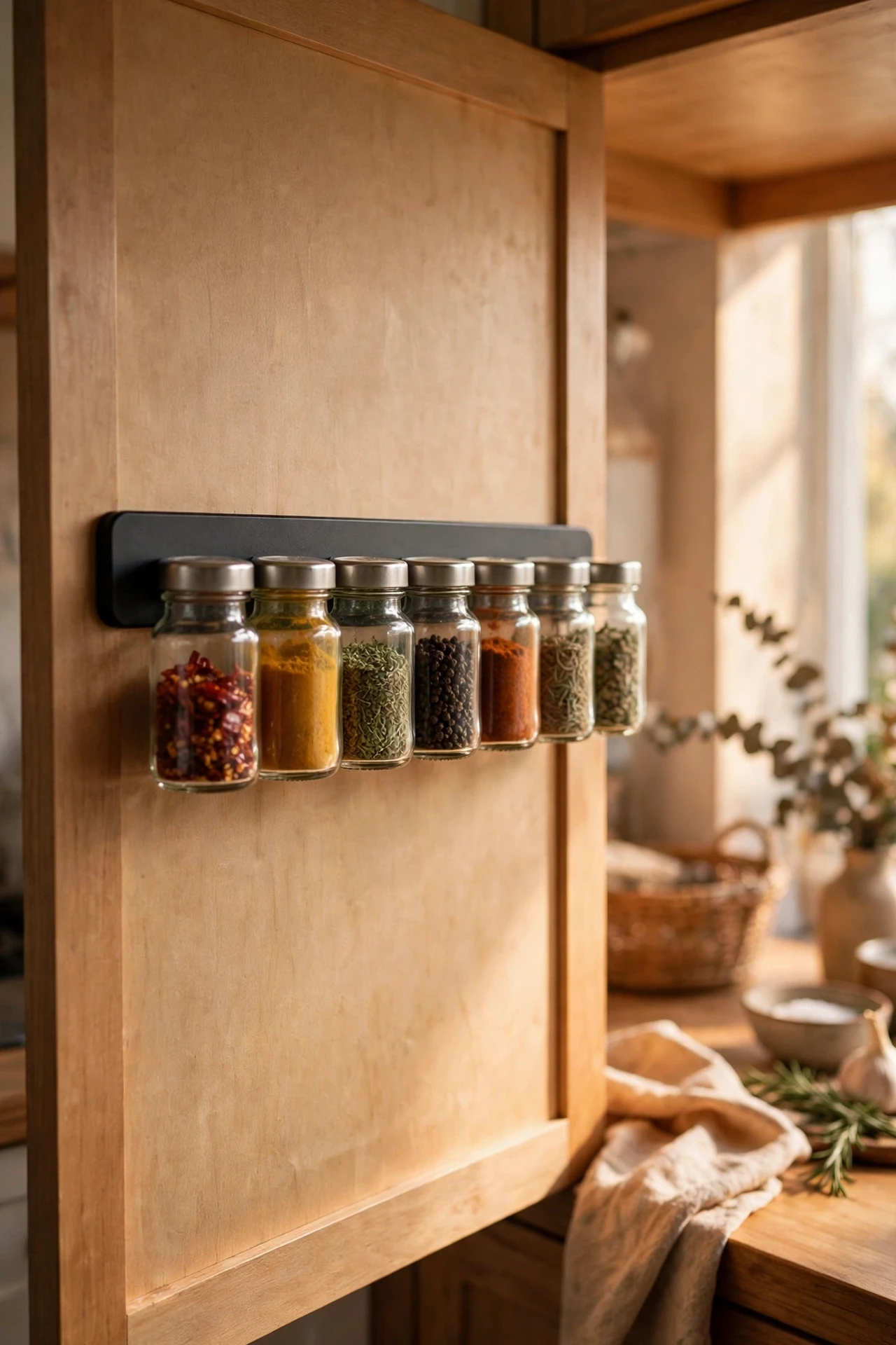 Spice jars hanging on magnetic strips inside cabinet door