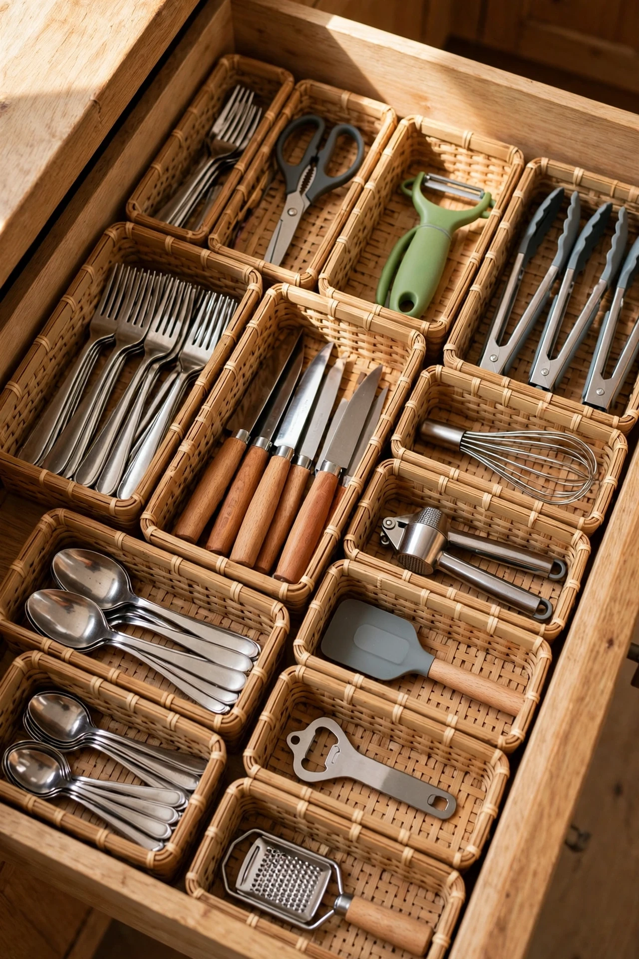 Small bins dividing utensils in a kitchen drawer