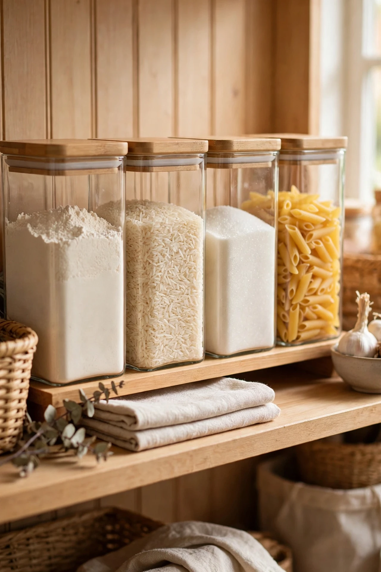 Clear canisters with flour and rice on pantry shelf