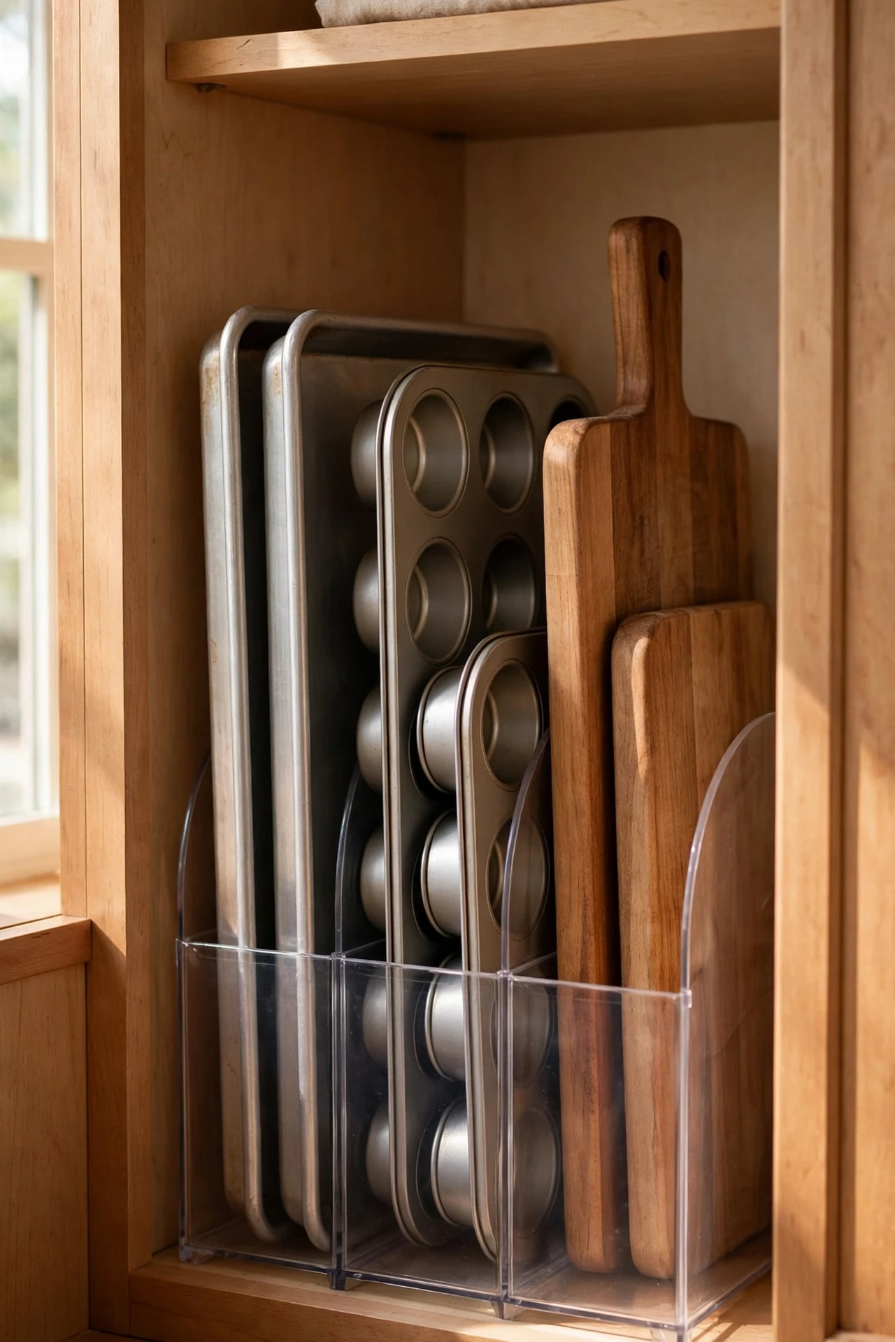 File organizer holding baking trays and chopping boards upright