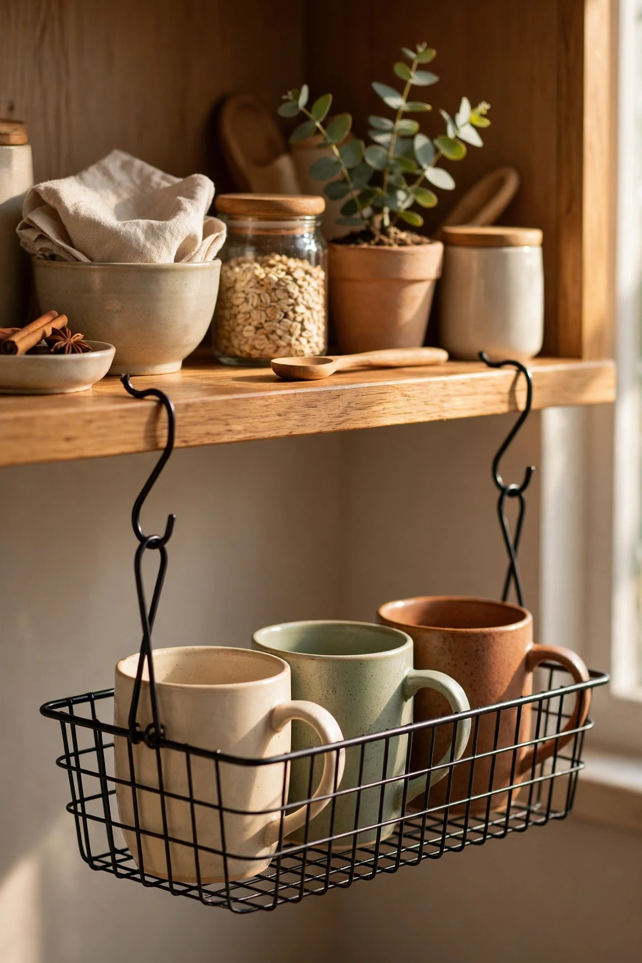 Under-shelf hanging basket holding mugs in kitchen cabinet