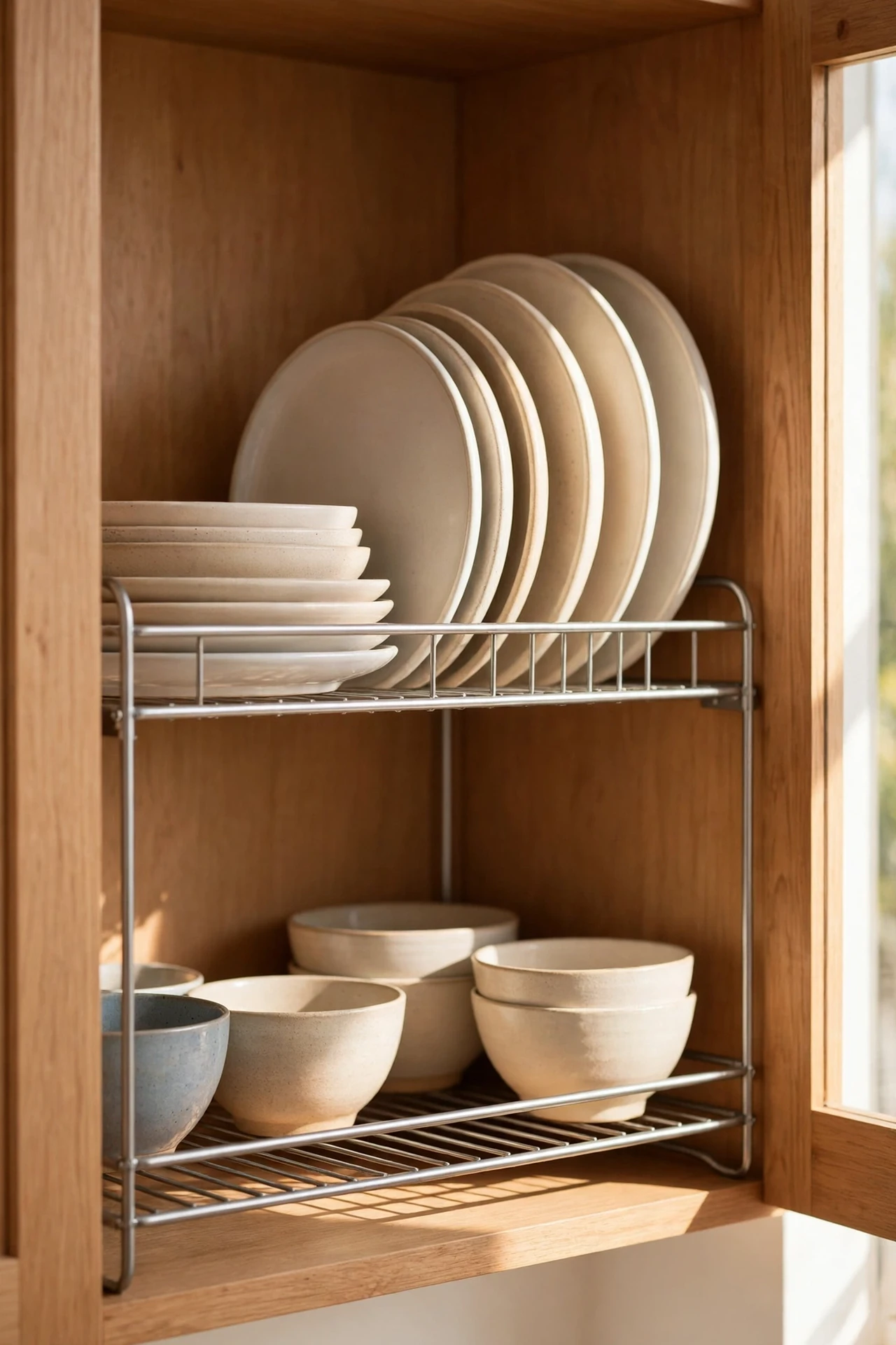 Shelf risers doubling storage space in kitchen wall cabinet