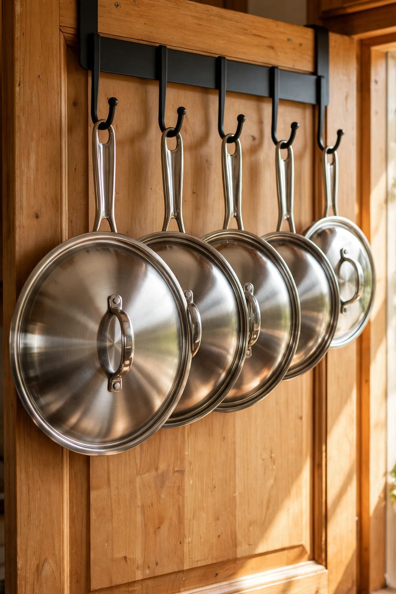 Pot lids hanging on hooks inside cabinet door